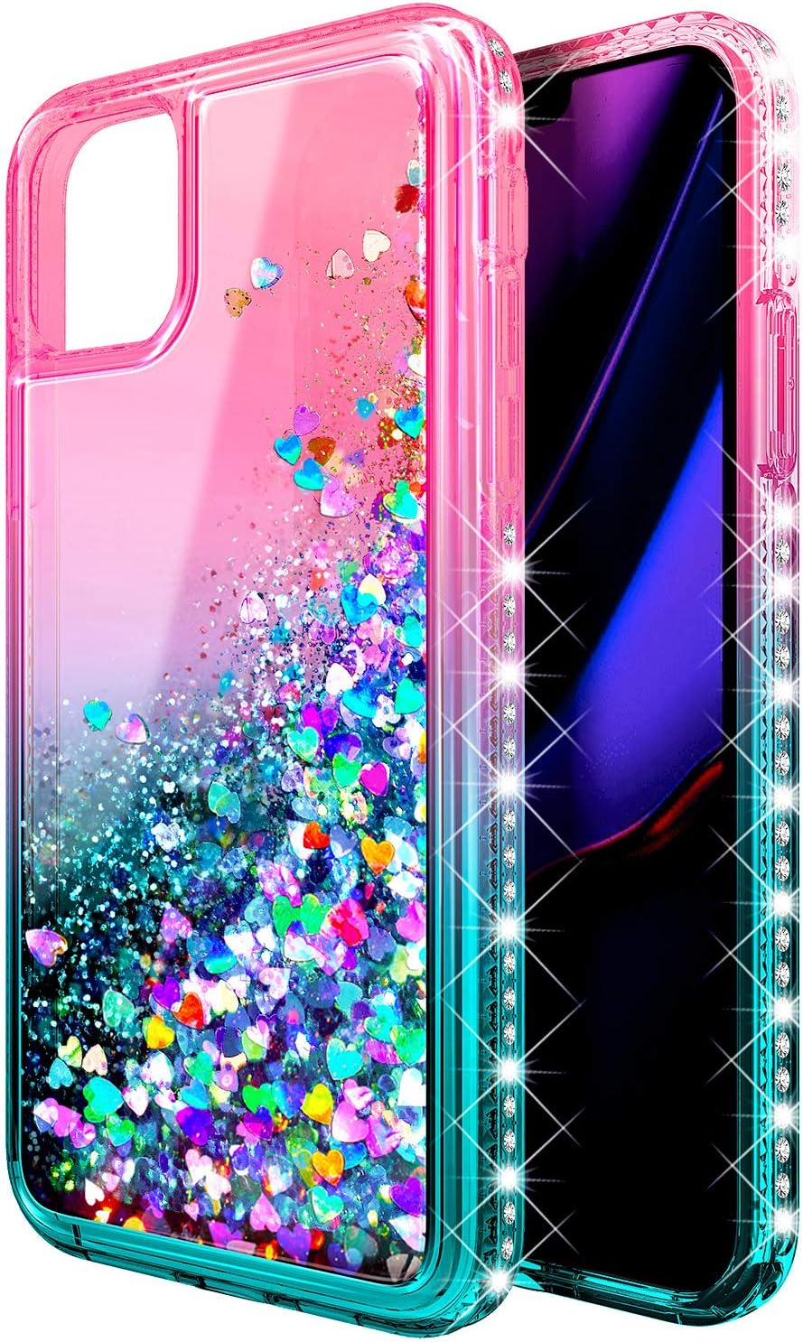 NZND Case for iPhone 12 Pro Max (6.7 inch, 2020) with Tempered Glass Screen Protector, Sparkle Glitter Flowing Liquid with Shiny Bling Diamond, Women Girls Cute Phone Case Cover -Pink/Aqua