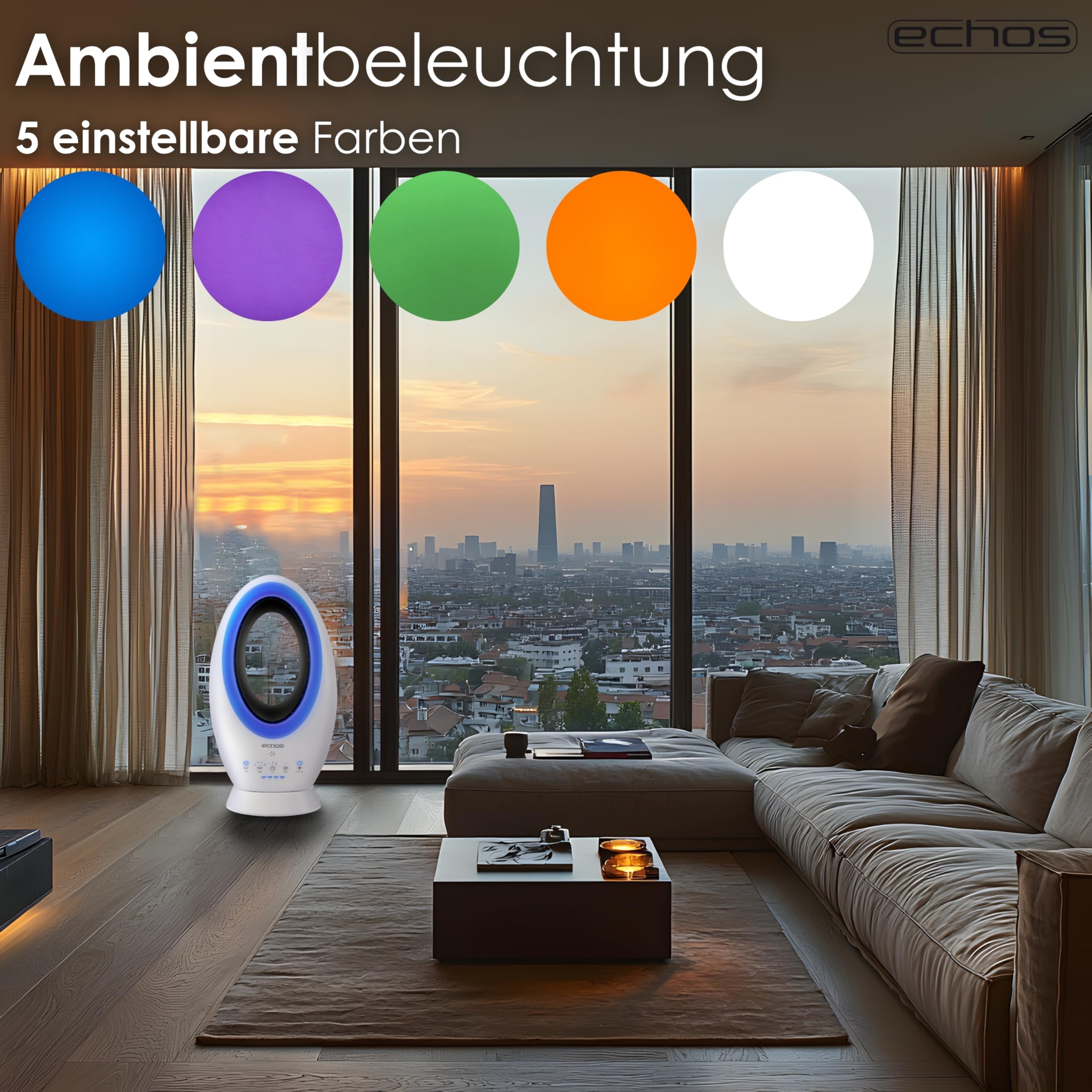 Echos®- 2-in-1 Design Akku Turmventilator Standventilator mit Fernbedienung kabellos - Akku- oder Strombetrieb - Leiser Ventilator Tischventilator oszillierend - Fernbedienung LED Beleuchtung