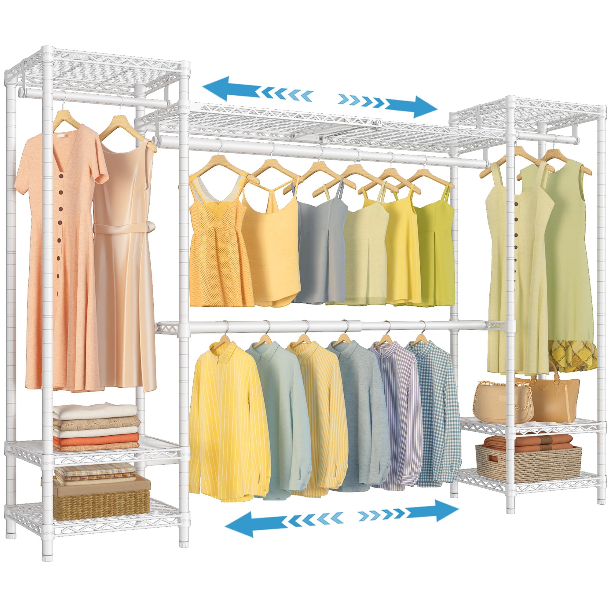 VIPEK X30 Expandable Clothes Rack Adjustable from 5' to 6'11", 950lbs Capacity Heavy Duty Portable Closet with 4 Hanger Rods &amp; 7 Wire Shelves, Metal Wardrobe System for Reach-in Closet, White