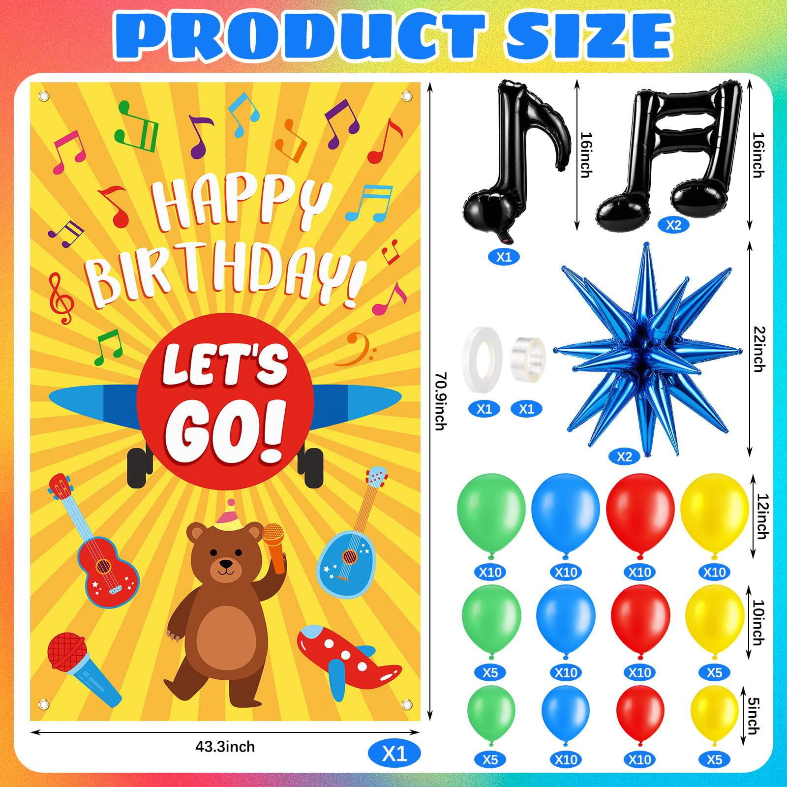 Thenshop Juego de 111 guirnaldas de arco de globos rojo, amarillo, azul, verde con notas musicales, globos de aluminio de estrella para niños y niñas, decoración de fiesta de cumpleaños temática