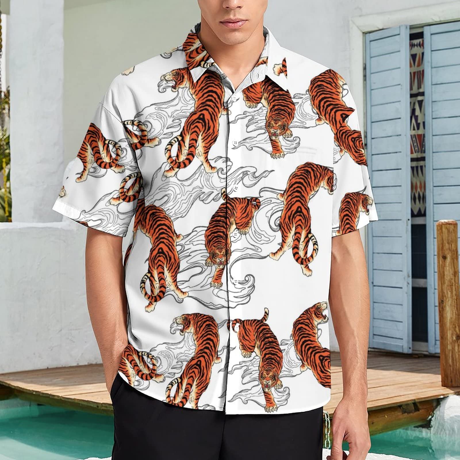 Amazon.co.jp: シャツ メンズ 虎柄 トラ柄 半袖 開襟シャツ サマー