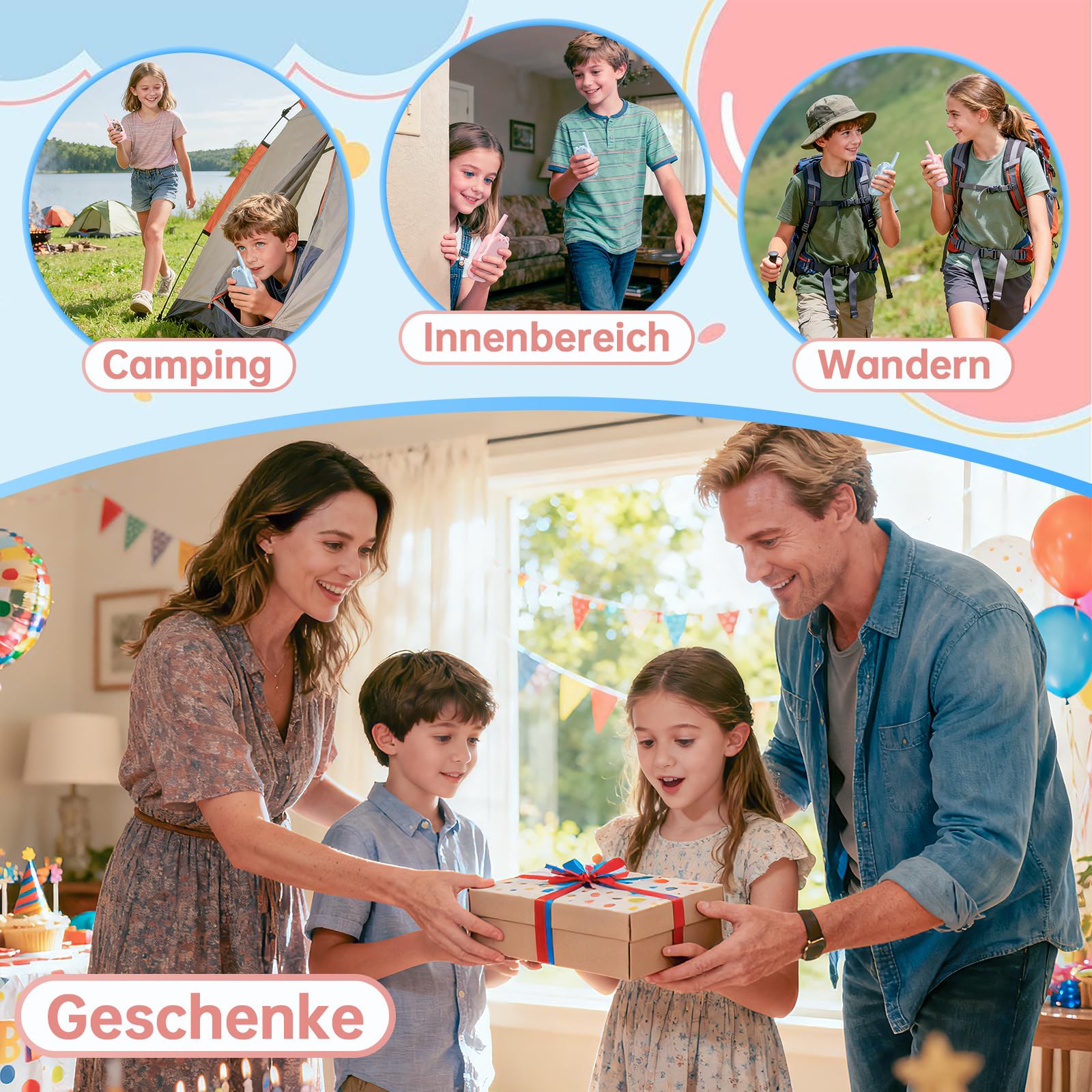 Walkie Talkie Kinder mit HD Video, Geschenk Mädchen Junge 4 5 6 7 8 Jahre, 2er-Set mit Kamera & Bildschirm, Automatische Kopplung, USB-C Wiederaufladbar, Spielzeug für Zuhause & Outdoor (Blau & Pink)