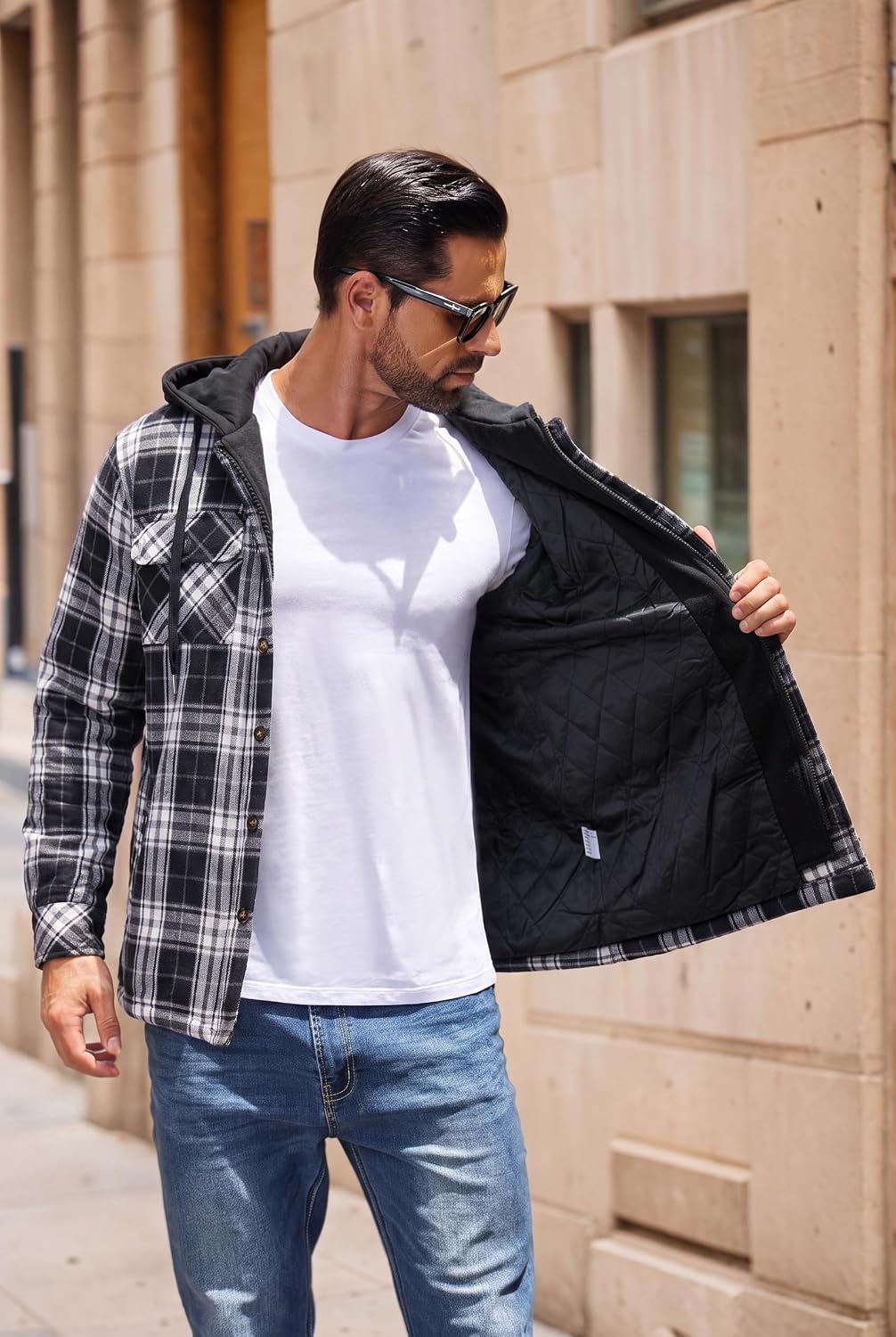 COOFANDY Men's Flannel Plaid Shirt Jacket Hooded Quilted Lined Shacket image 3