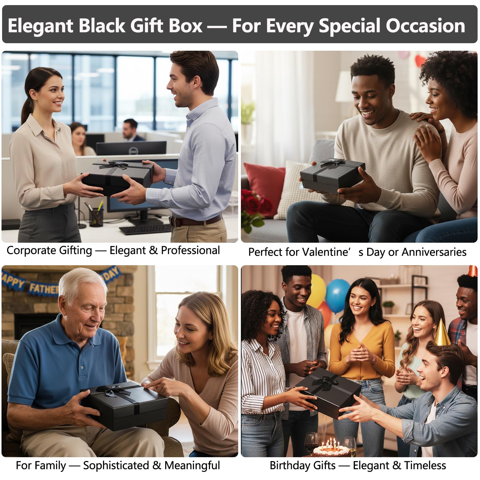 Giftilious Schwarze Geschenkboxen mit Deckel, 4 Stück, verschachtelte Geschenkpapierboxen für Geschenke, Luxus-Geschenkbox für Hochzeiten, Geburtstage, Jubiläen und alle Anlässe