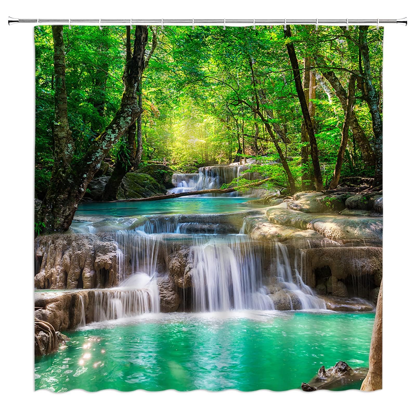 UIYIUI Woodland Shower Curtain 47X59in/120x150cm Nature Forest Waterfall Shower Curtain, Tropic Plants Trees Spring Scenery Landscape Fabric Bathroom Decor Curtains with Hooks for Bathtub