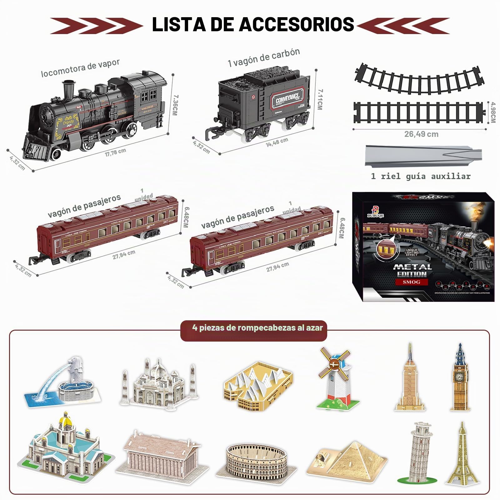 Juegos de trenes para niños de aleación de metal con locomotora de vapor, carros de pasajeros, pistas y rompecabezas, kits de ferrocarril con humo, luz y sonidos, 7, 8 años y rojo