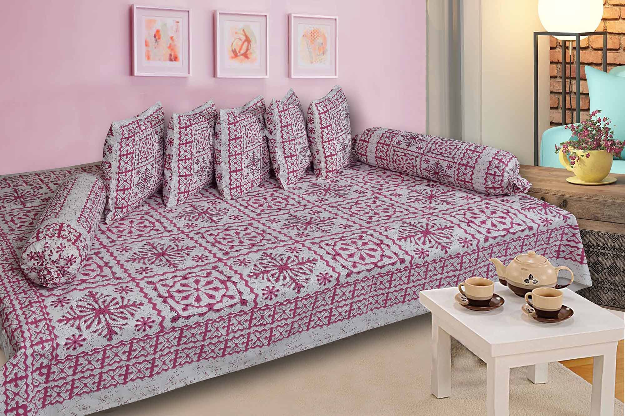 Diwan Set 8 Pieces Block Print Pure & Soft Cotton Diwan Cover Set (1 Bedsheet, 2 Bolster Cover, 5 Cushion Cover) (Pink)-image-16