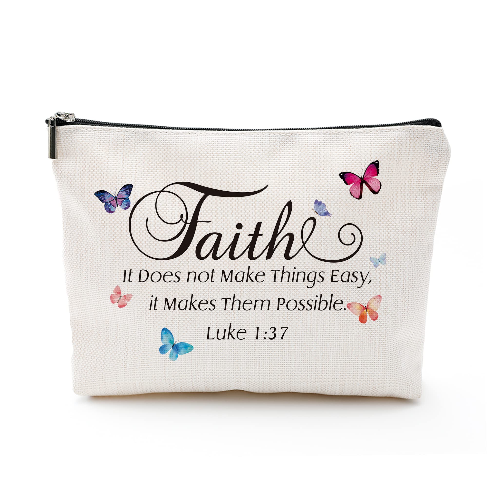 heshengzaixianBible Verse Religious Christian Baptism Gifts for Women, Faith Does Not Make Things Easy Butterfly Decor Makeup Bag, Waterproof Linen Beauty Bag Travel Toiletry Cosmetic Bag Pouch