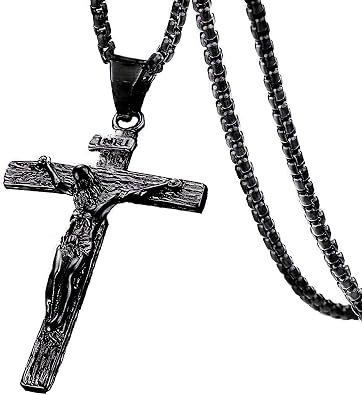 Stainless Steel Cross Necklace Jesus Christ Crucifix Cross Lords Prayer Pendant for Men&Women 24 iNCH Box Chain