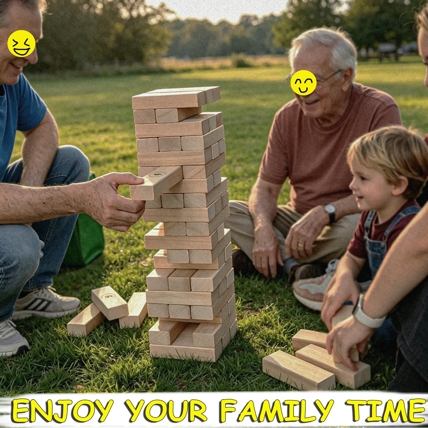 Jac & Mok Tumble Tower - Jeu de tour empilable - Jeux de plein air - Jeu de blocs en bois - Comprend un sac de transport (naturel, jumbo-56 pièces)