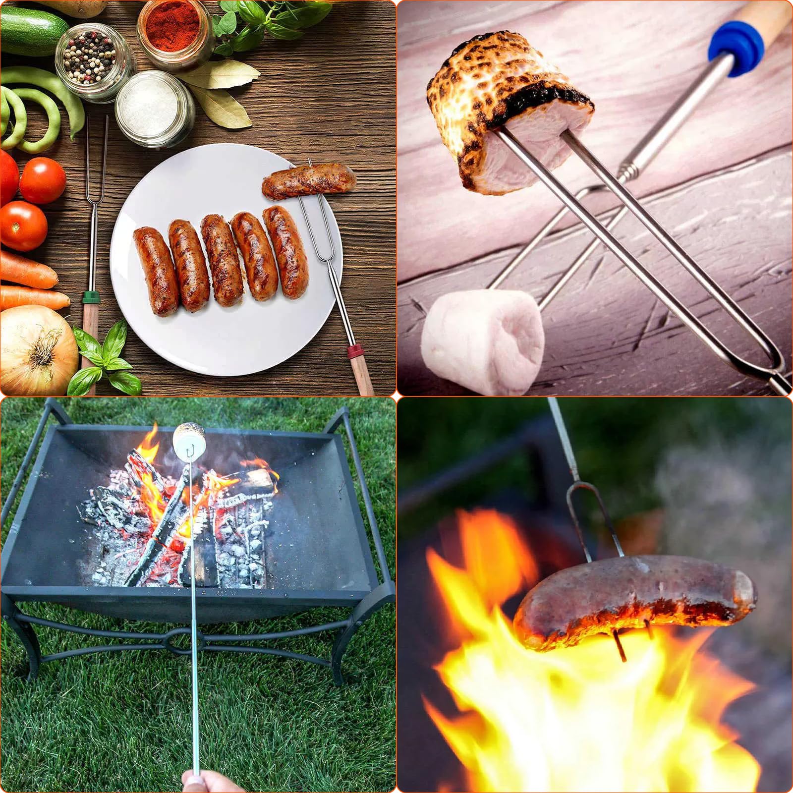 Kit di 10 forchette da tostatura estensibili per marshmallow, bastoncini telescopici da 30 a 80 cm, in acciaio inox, accessori per barbecue e falò, accessori per braciere, barbecue e campeggio