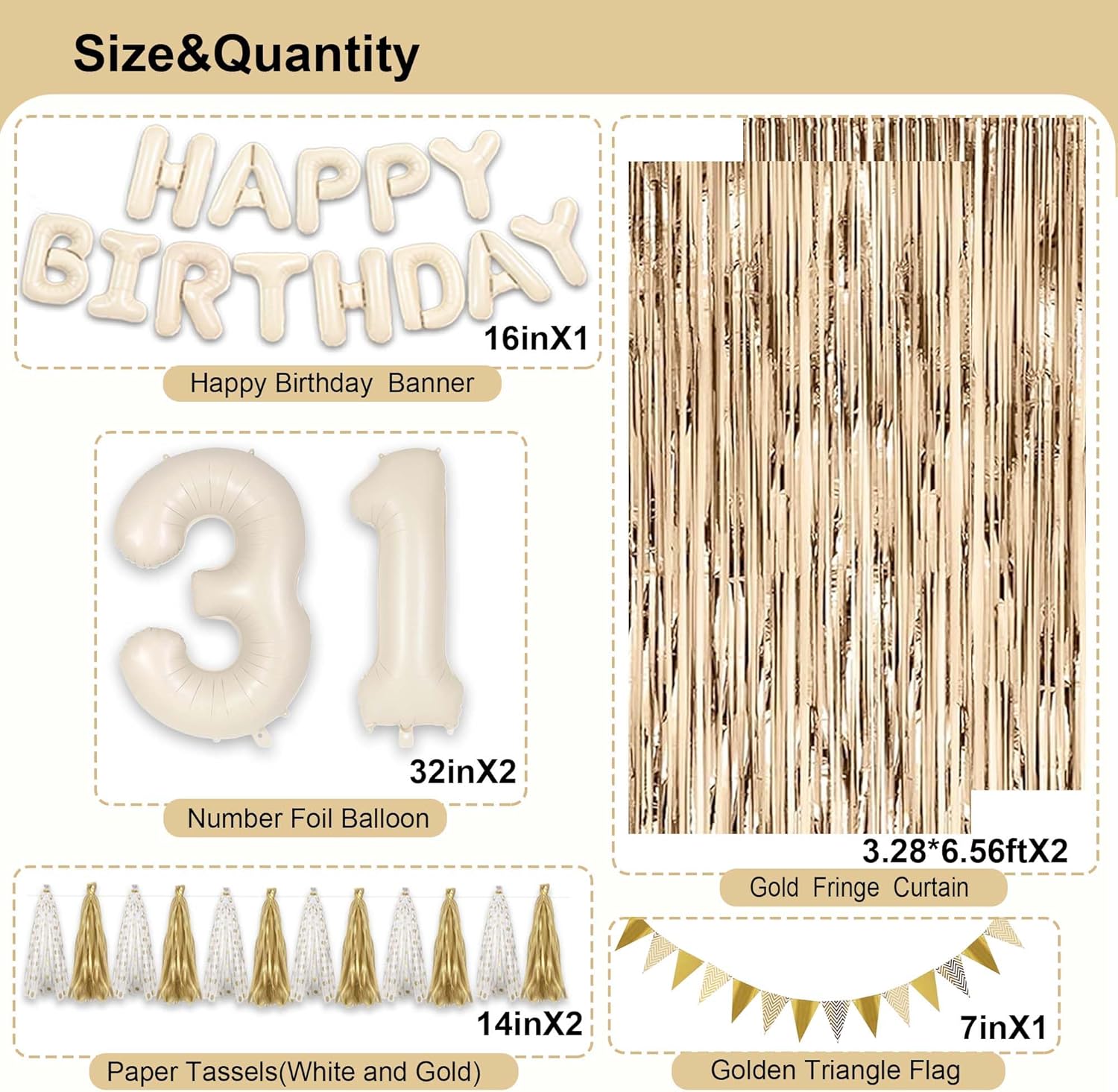 31st Birthday Decorations for Women, White and Gold 31 Boho Birthday Party Supplies Includes Number Balloons, Banner, Fringe Curtain, Cake Topper