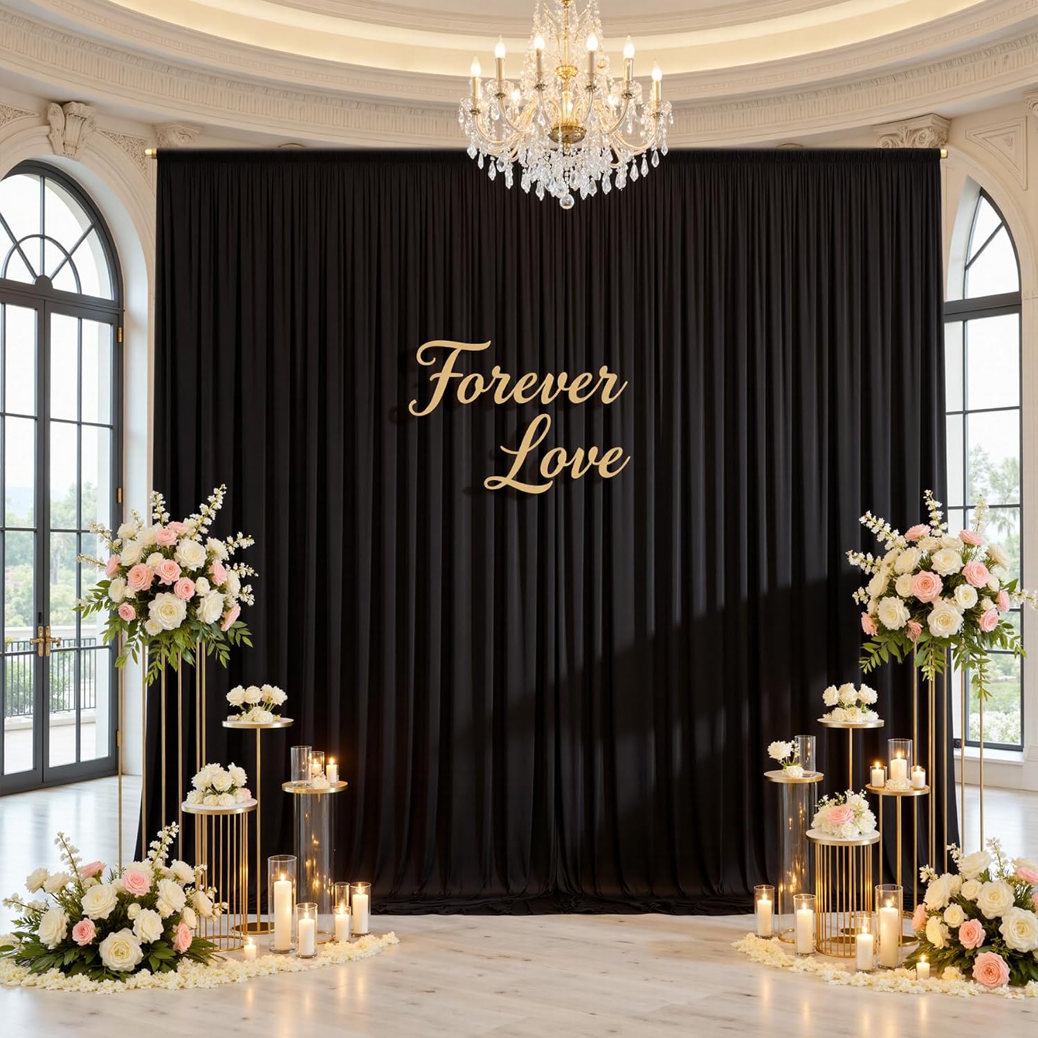50ftx12ft Wrinkle Free Black Backdrop Curtain, 10 Panels 12FT Height Black Drapes for Wedding, Silky Polyester Photo Back Drop Cloth Draping for Birthday Party Photography Background