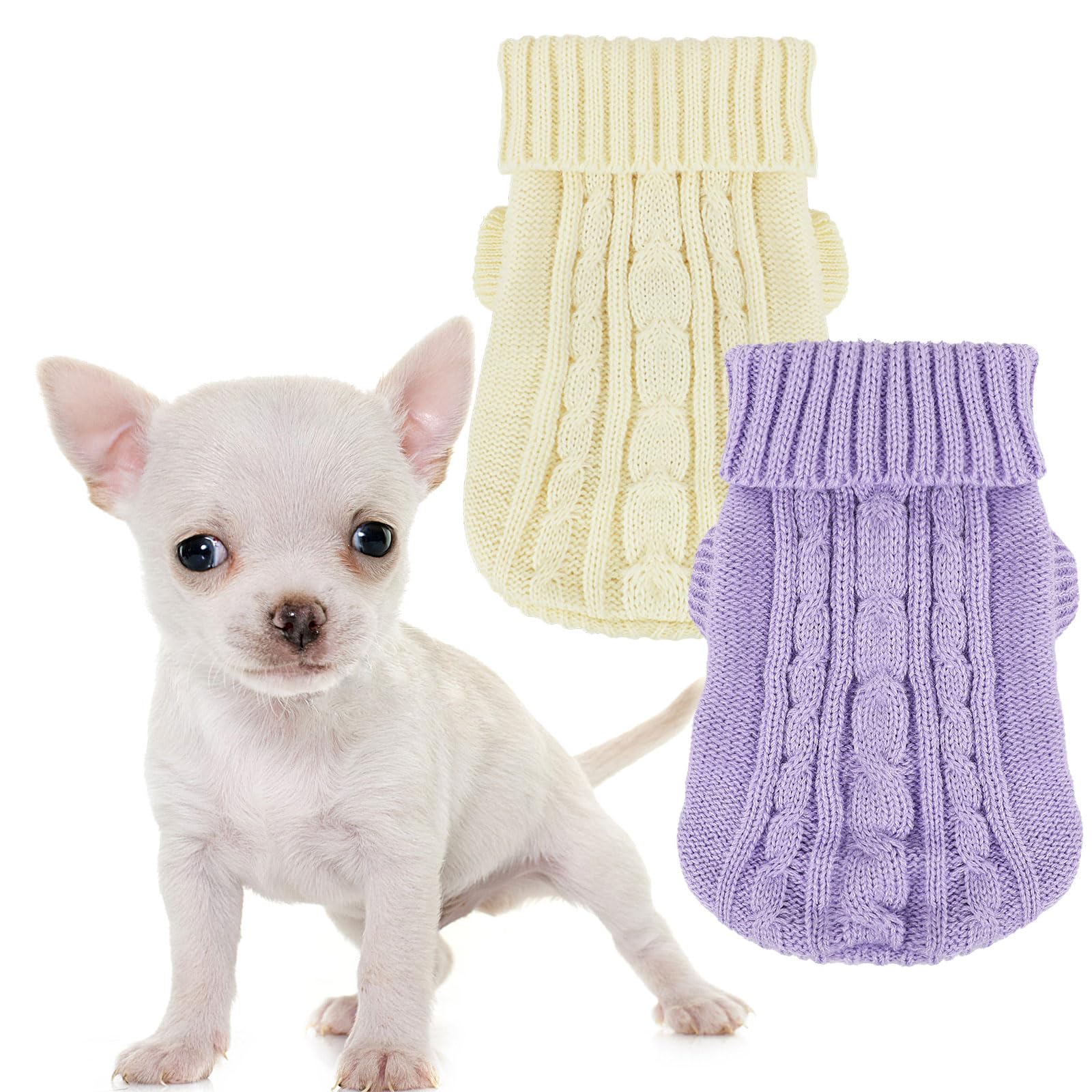Photo 1 of 2 Pack Dog Sweaters for Small Dogs, Chihuahua Yorkie Sweater, Puppy Clothes Winter Warm Pullover Clothing, Pet Cat Cold Weather Puppy Cold Outfits M (Beige+Purple)