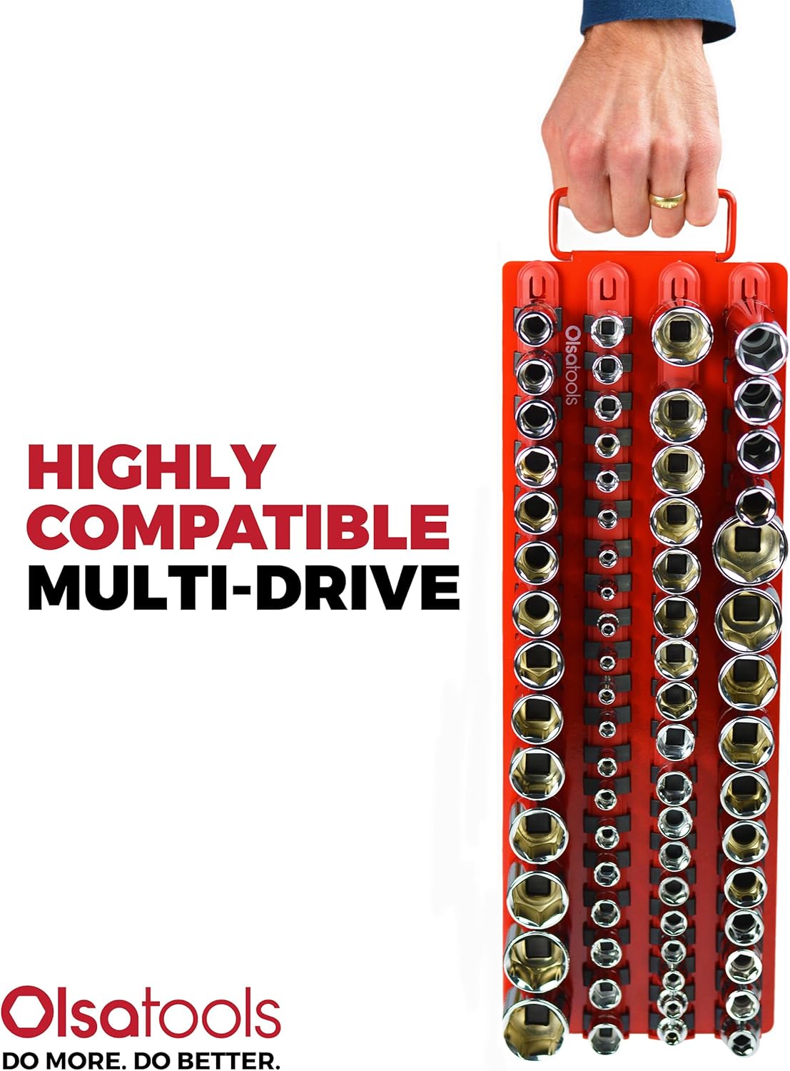 Olsa Tools Socket Organizer Tray - Portable Red Rail with Black Clips - Stores 80 Sockets Securely - Professional-Grade Socket Holder - Part 1047