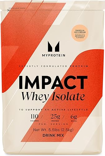 Myprotein Impact Whey Protein Isolate, 5.5 Lbs (81 Servings) Vanilla, 25g Protein, 3.5g Glutamine & 4.5g BCAA Per Serving, Protein Shake for Muscle
