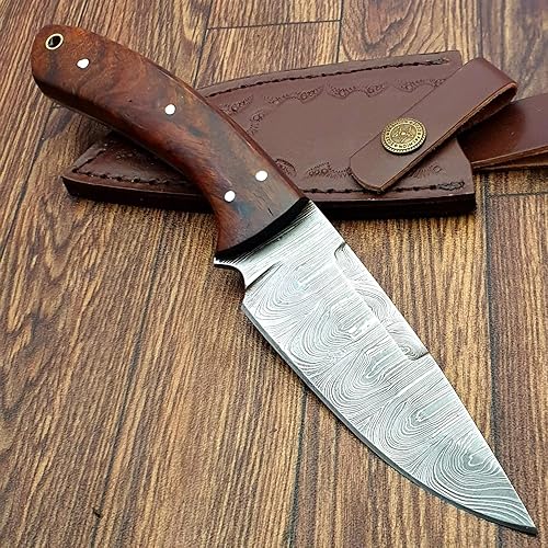 Miniatura 8 de WARIVO KNIFE Cuchillo de caza de Damasco hecho a mano, cuchillo de hoja fija con funda. Cuchillo de supervivencia EDC con mango de palisandro de 10