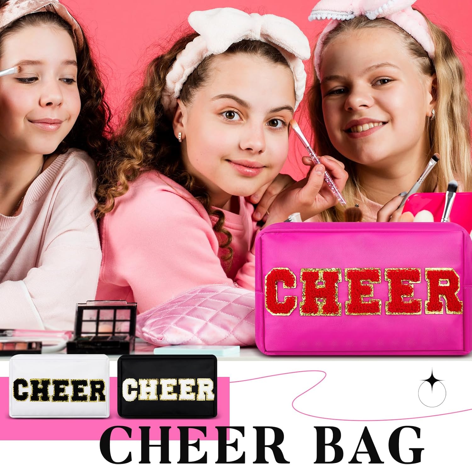 6 Pcs Cheer Makeup Bag Chenille Cosmetic Bag with Letter Patches, Waterproof Portable Cheerleader Toiletry Zipper Pouch for Girls Women Teachers Appreciation Gifts (Pastel Colors) - Image 4