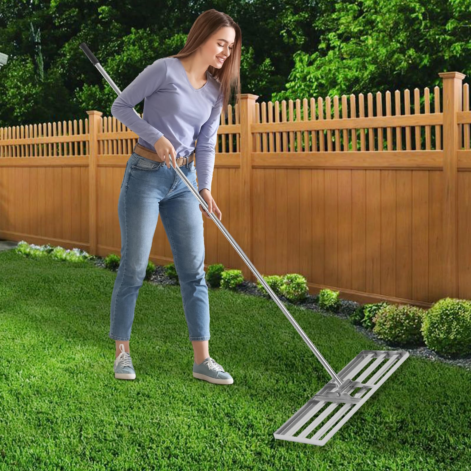 Rastrillo de nivelación de césped en forma de T con mango de goma antideslizante, para mulching, fertilizar, barrer hojas en jardines, campos de golf, 75 x 25 x 200 cm, color plateado