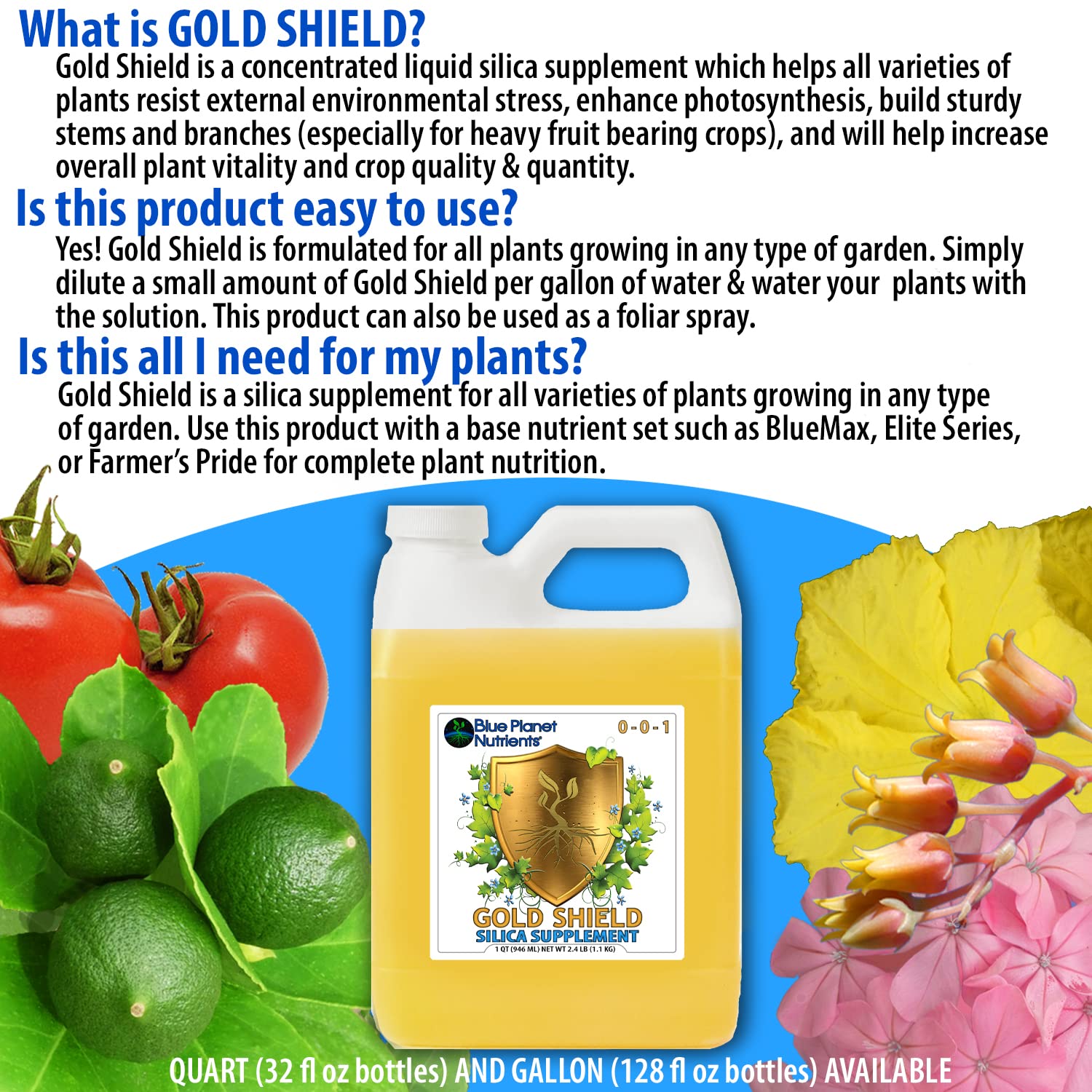 Silica Supplement for Plants Liquid Potassium Silicate - Blue Planet Nutrients Gold Shield for Stronger Stems & Stress Resistance - Gallon