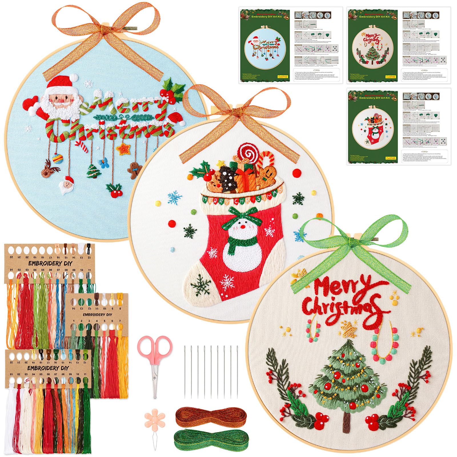 Kit Démarrage Broderie Noël JSRQT - DIY Point De Croix Pour Débutants - Inclus Tissu Imprimé, Fil Et Aiguilles
