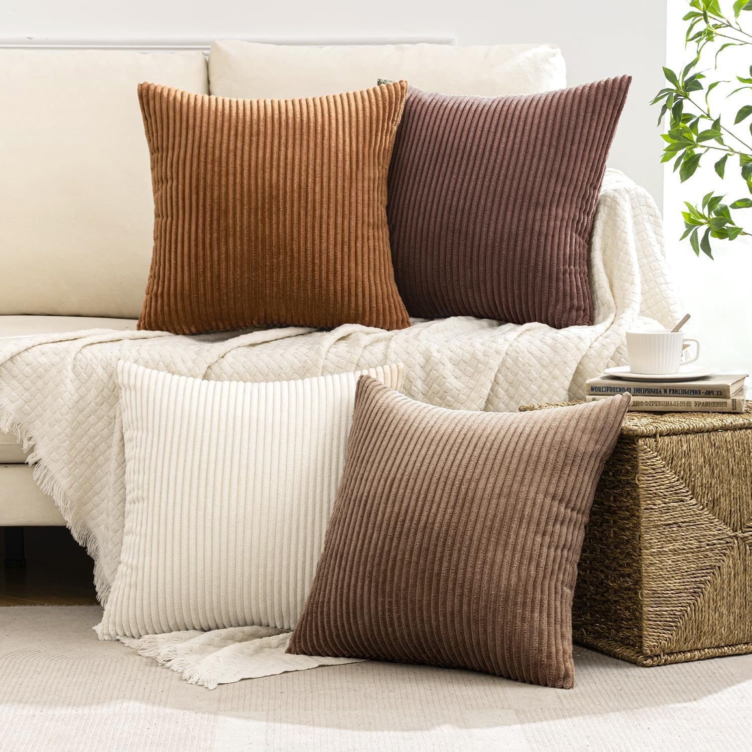 MIULEE Set van 4 corduroy kussenslopen, zacht sierkussen, decoratieve kussensloop, moderne kussenslopen, sierkussens voor woonkamer, slaapkamer, bruin en groen, serie, 40 x 40 cm