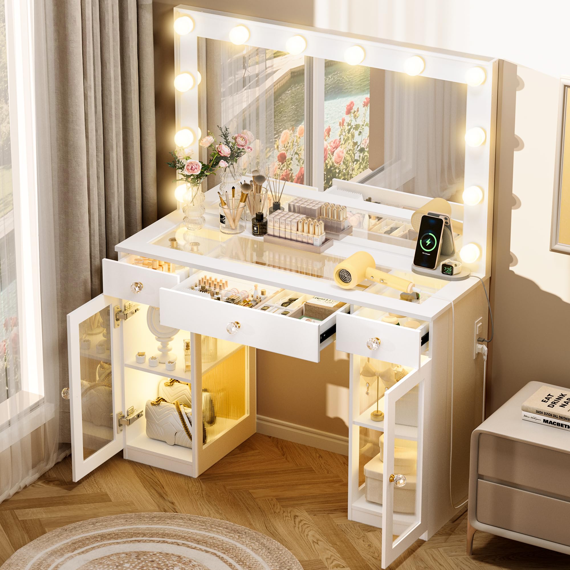 Pamapic Makeup Vanity with Mirror and 12 LED Bulbs, Glass Top Vanity Desk with Power Outlet, 3 Drawers and 2 Cabinet, White Vanity for Bedroom,