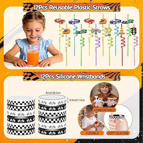 Vista 4 de Juego de 150 recuerdos de fiesta de autos de carreras, suministros de decoración de cumpleaños con temática de autos de carreras, bolsas