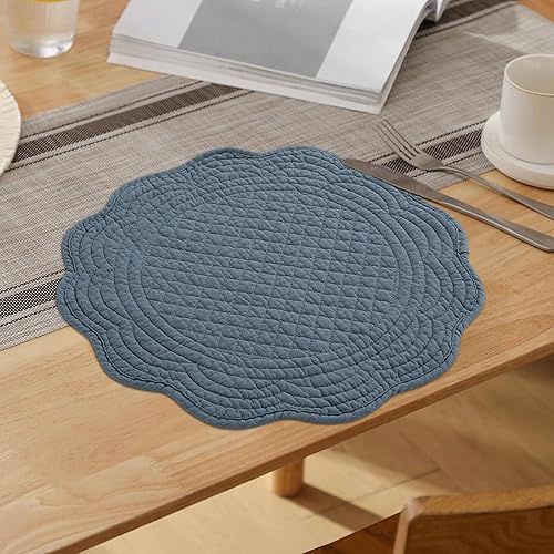 Miniatura 7 de HOMBYS Juego de 6 manteles individuales acolchados redondos lavables para mesa de cocina, 100% tela de algodón de 14 pulgadas, tela de algodón con