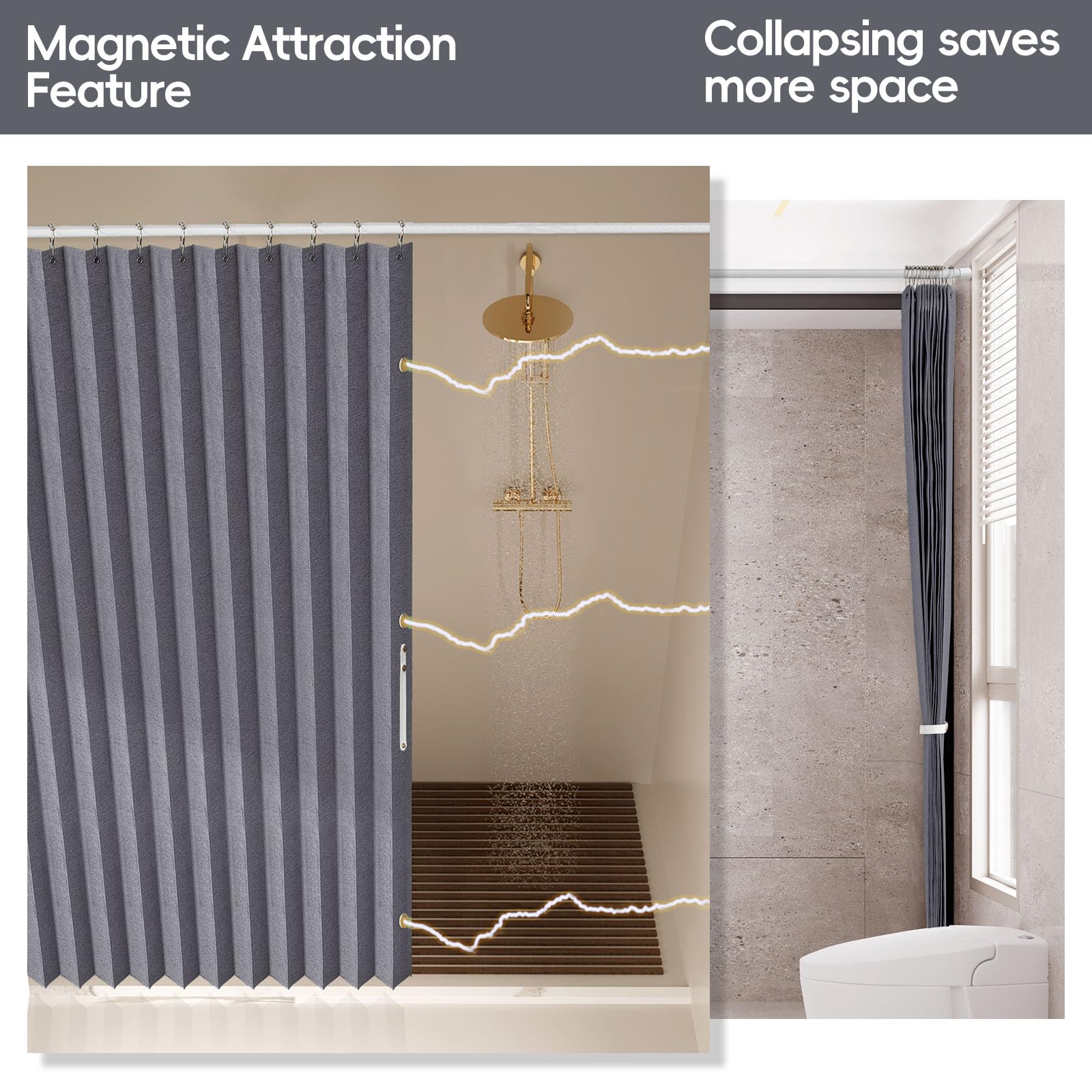 AJAZZ, Tenda da doccia pieghevole magnetica, tessuto in poliestere, gancio per tenda da doccia, impermeabile, adatta per famiglia, hotel, famiglia (grigio, 195,6 x 182,9 cm L) 1 pannello