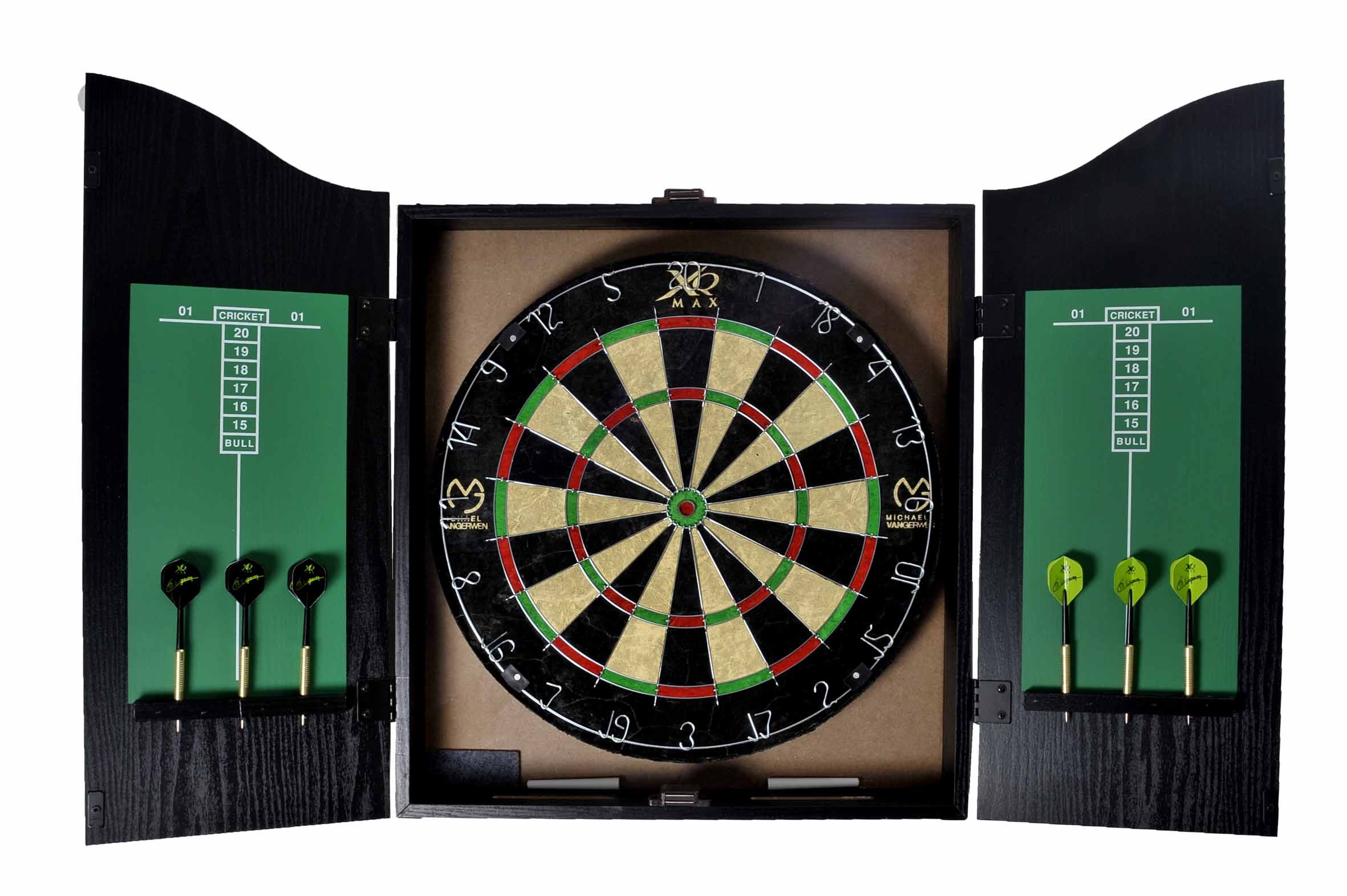 XQMAX Home Dart Center Michael van Gerwen, inkl. Sisal Dartboard, 6 Steel Dart, Kreide und Wischer