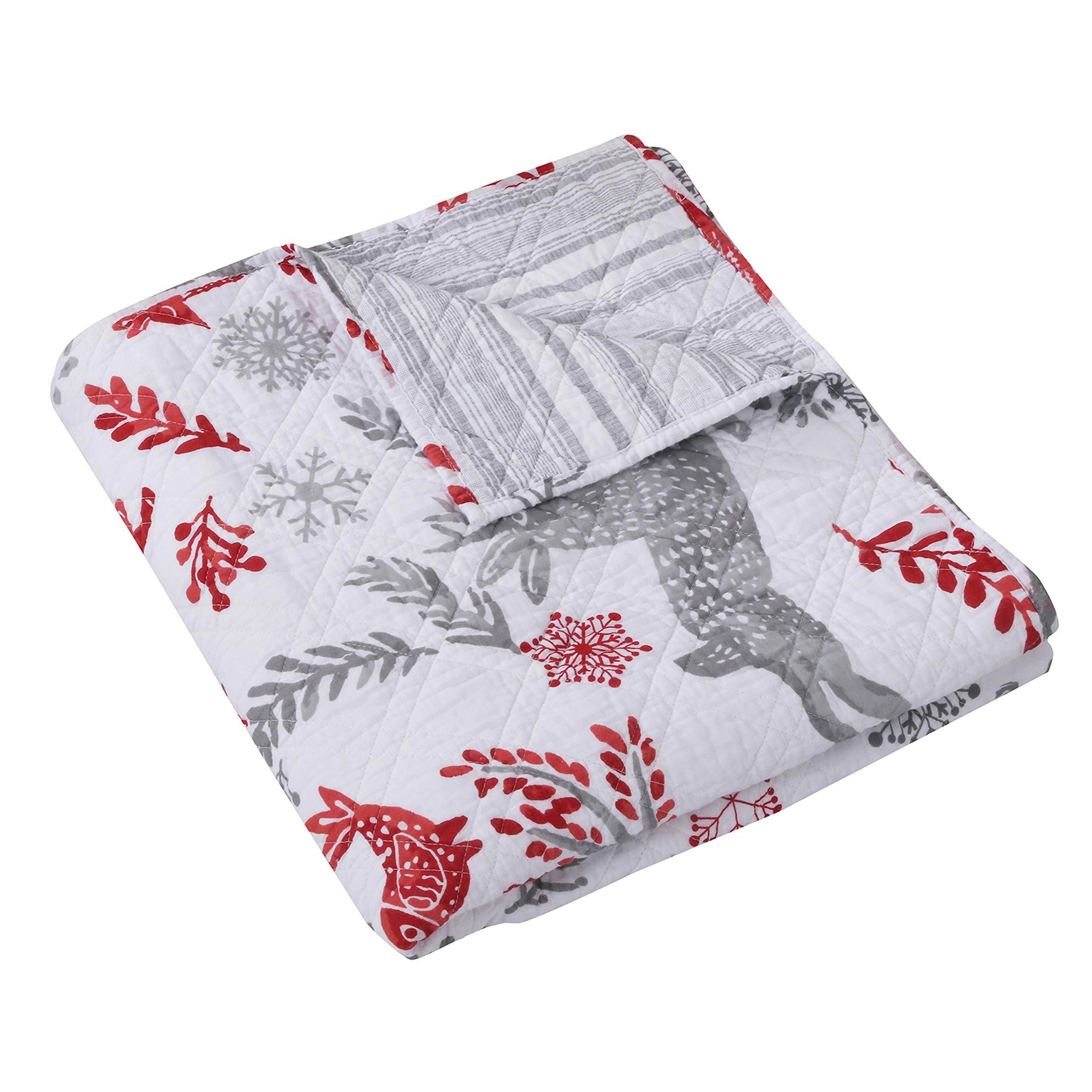 Levtex Home - Winterland - Holiday Quilted Throw 50x60in. - Woodland Christmas - Grey, Red and White - Reversible - Cotton