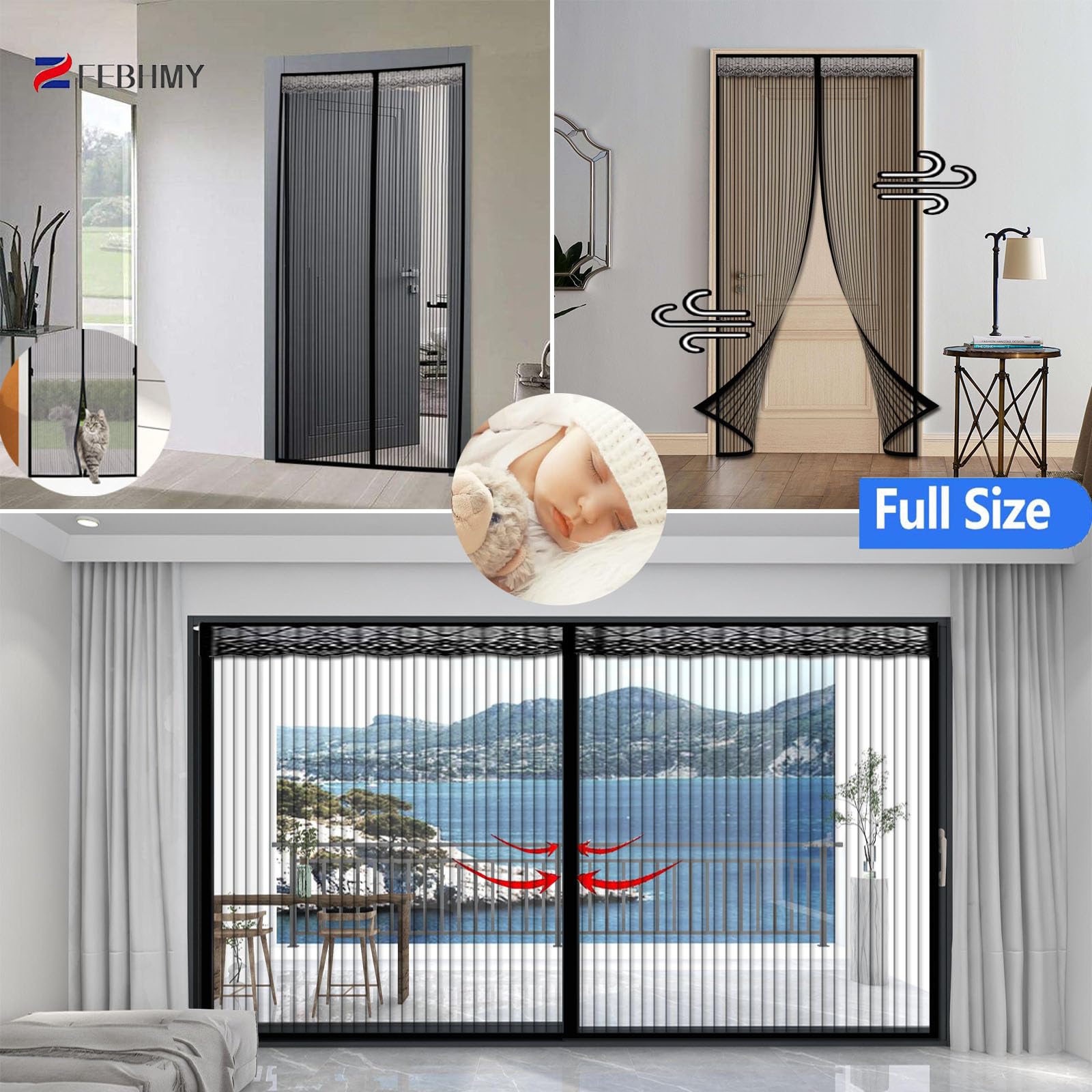 FSMYYXGS Magnetic Fly Screen Door,With Magnets Insect Protection Door Seal Automatically,Heavy Duty Fly Screen Mesh Curtain Easy Installation For All Door-Black C| 95x185cm(37x72inch - View #2