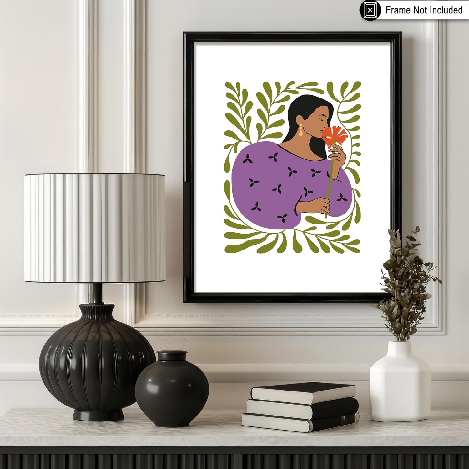 Poster Master Woman in Purple Sweater Poster – Retro Leaves Print – Girly Art – Modern Design – Flower Artwork – Chic Boho Style – Aesthetic Great Office or Girl’s Bedroom Decor – 8x10 UNFRAMED