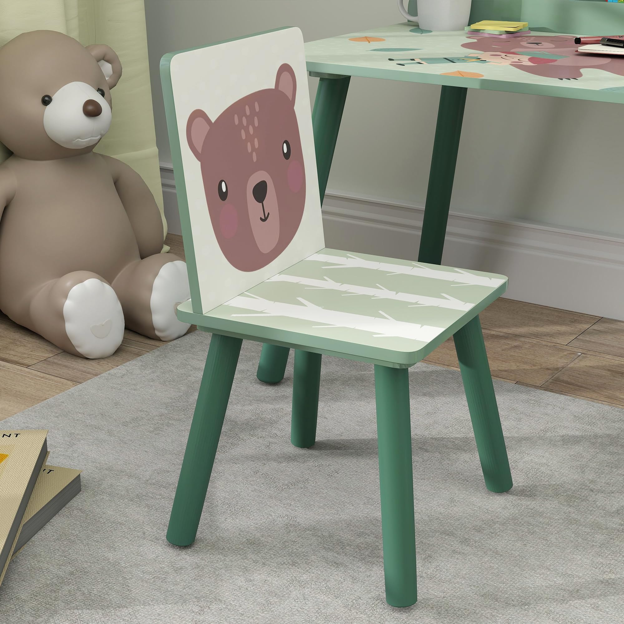 AIYAPLAY Set Sedia e Tavolino per Bambini con Ripiano Portaoggetti, Banco Scuola e Sedia in MDF e Legno di Pino, per Cameretta, Stanza da Gioco, Camera da Letto, Verde