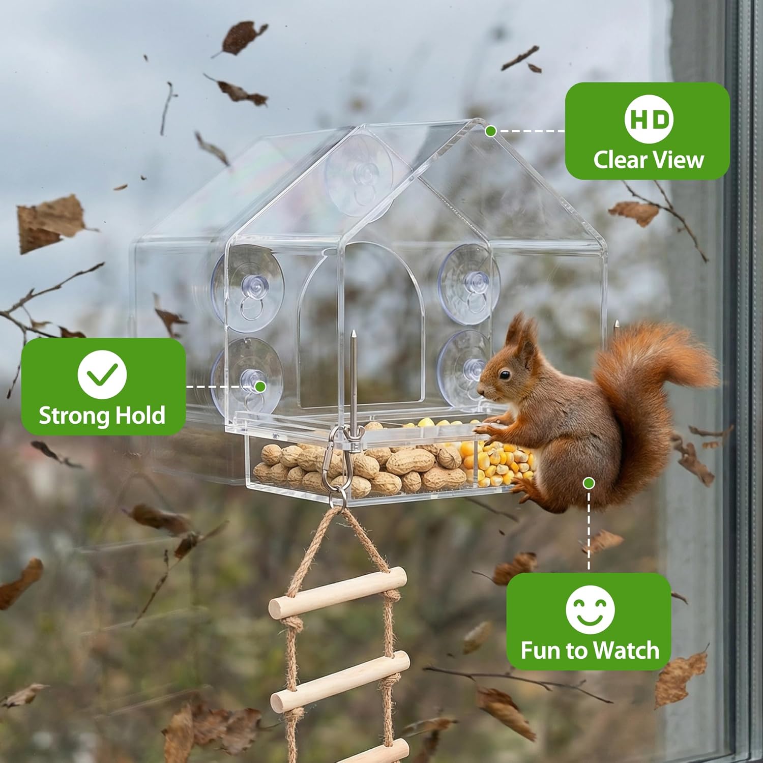 Window Squirrel Feeder with 5 Extra Strong Suction Cups, Large Clear Squirrel Feeders for Outside, Funny Squirrel Feeder House No Assembly Required Window Feeder for Squirrels & Chipmunks