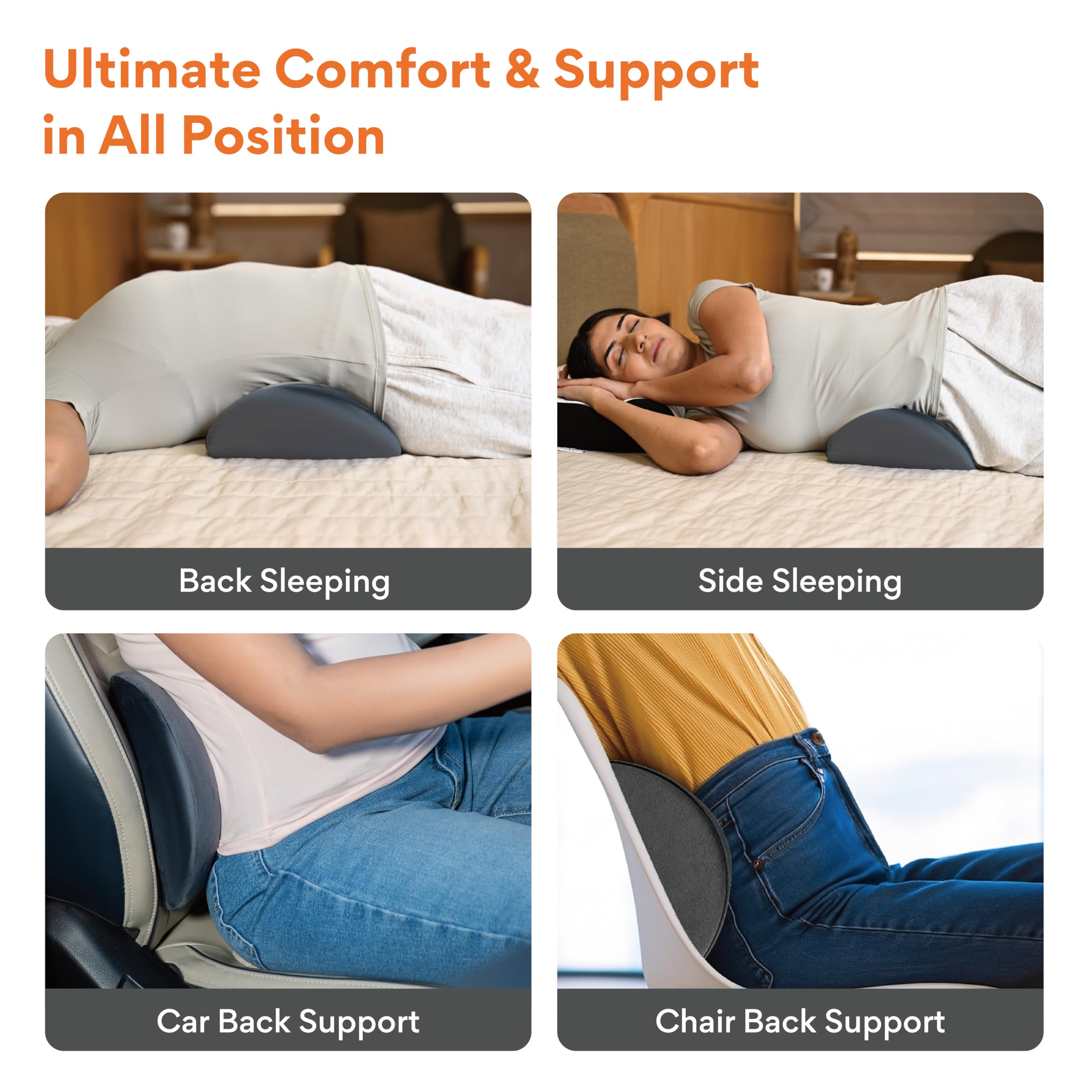 FOVERA Contoured Lumbar Pillow for Sleeping Back Pain, Nerve Pain, Pregnancy, and Hip Pain Relief - Orthopedic Memory Foam with Breathable and Washable Cover (Velvet Dark Grey) 3