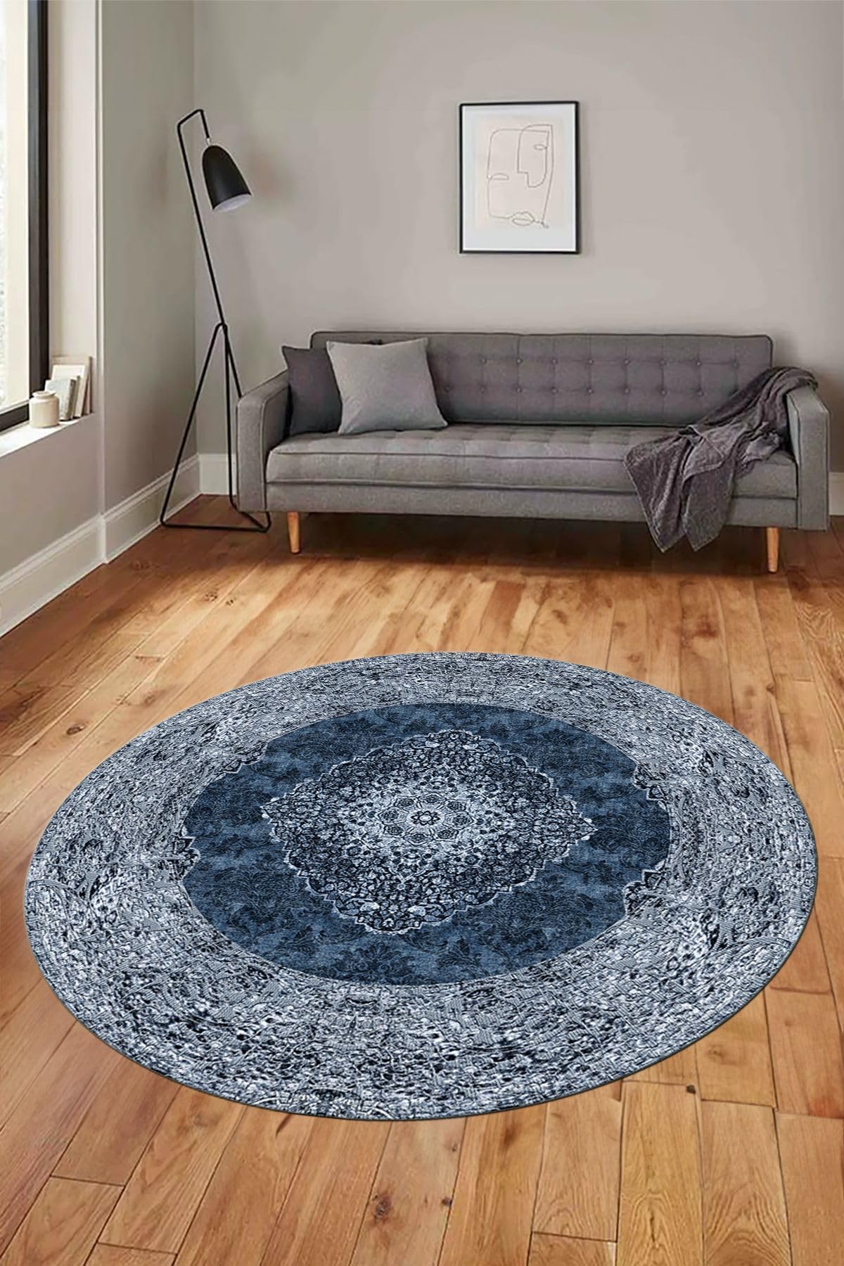 Evdeya Baskılı Kaymaz Yıkanabilir Göbekli Klasik Desen Yuvarlak Salon Halısı Y-KLASİK-07, Mavi, 160 x 160