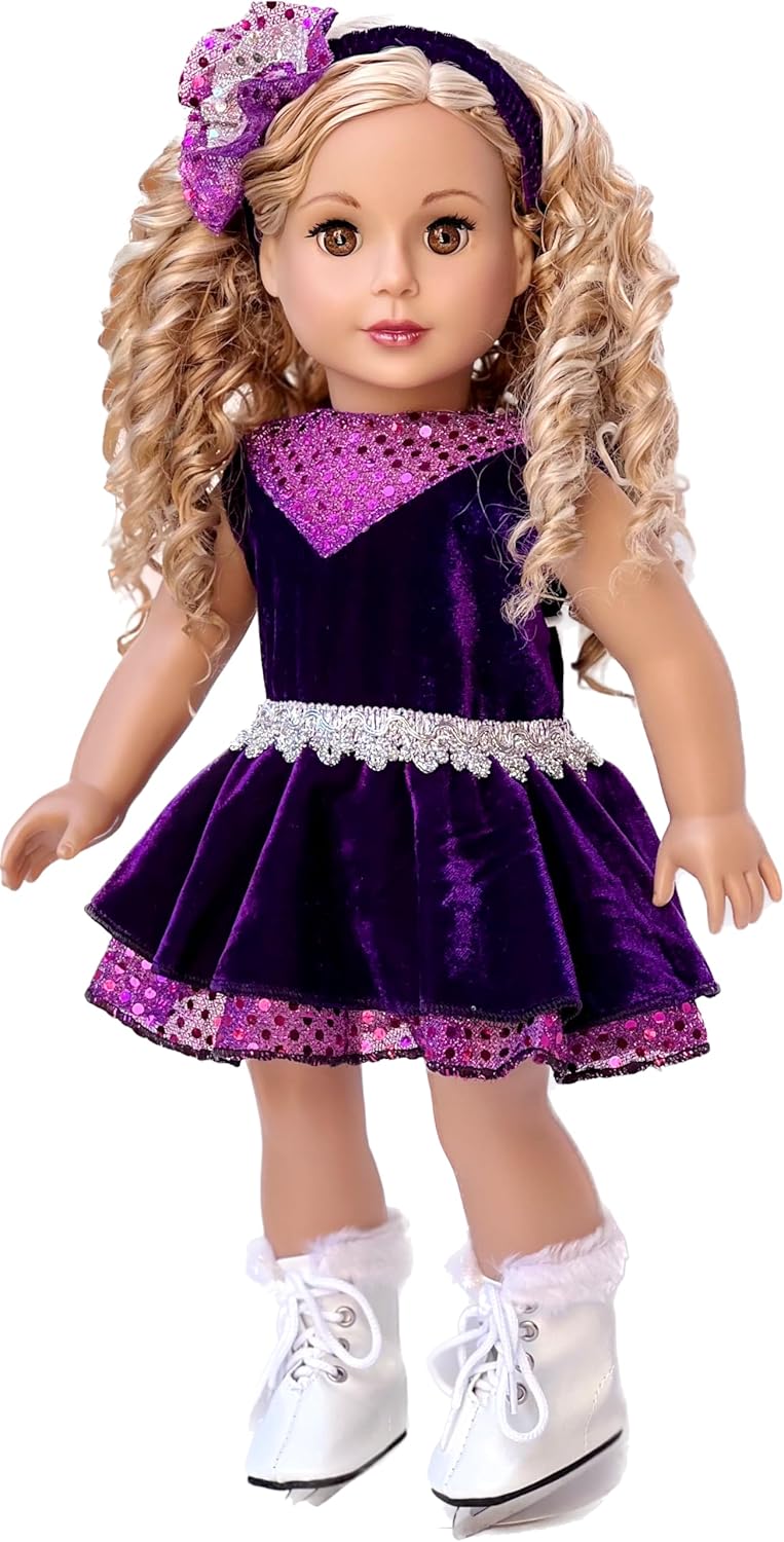 Ice Skating Queen - 3 Piece Ice Skating Outfit for 18 Inch Dolls - Purple Leotard with Ruffle Skirt, Head Band and White Skates - 18 Inch Doll Clothes (Doll Not Included)