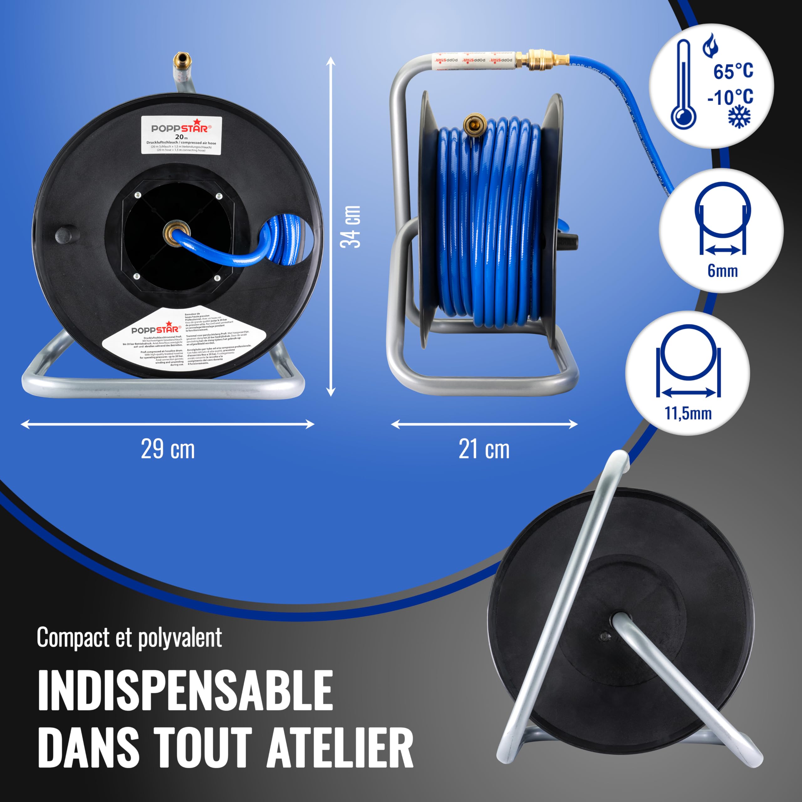 Poppstar Enrouleur de Tuyau d'Air Comprimé Manuel en PVC (20m+1,5m, Diamètre (6x11,5mm)), Raccords 1/4 Pouce BSPT