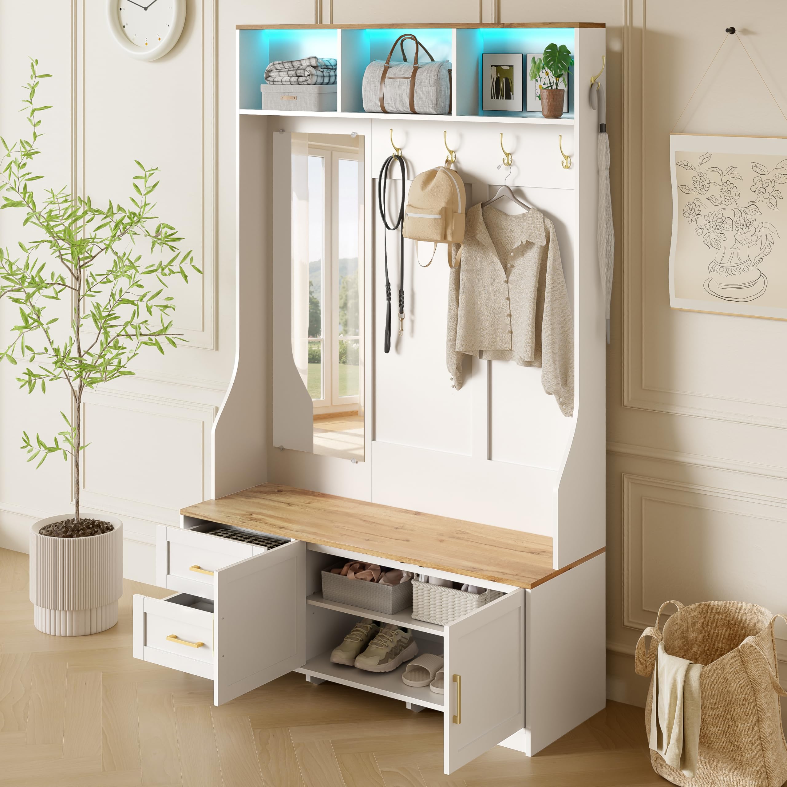 Garderobenset Wandgarderobe mit LED Beleuchtung, Garderoben Set mit Spiegel und Schuhbank, Garderobenständer mit Kleiderhaken & Schubladen, Modern Weiß Flurgarderobe mit Sitzfläche, 120x40x187
