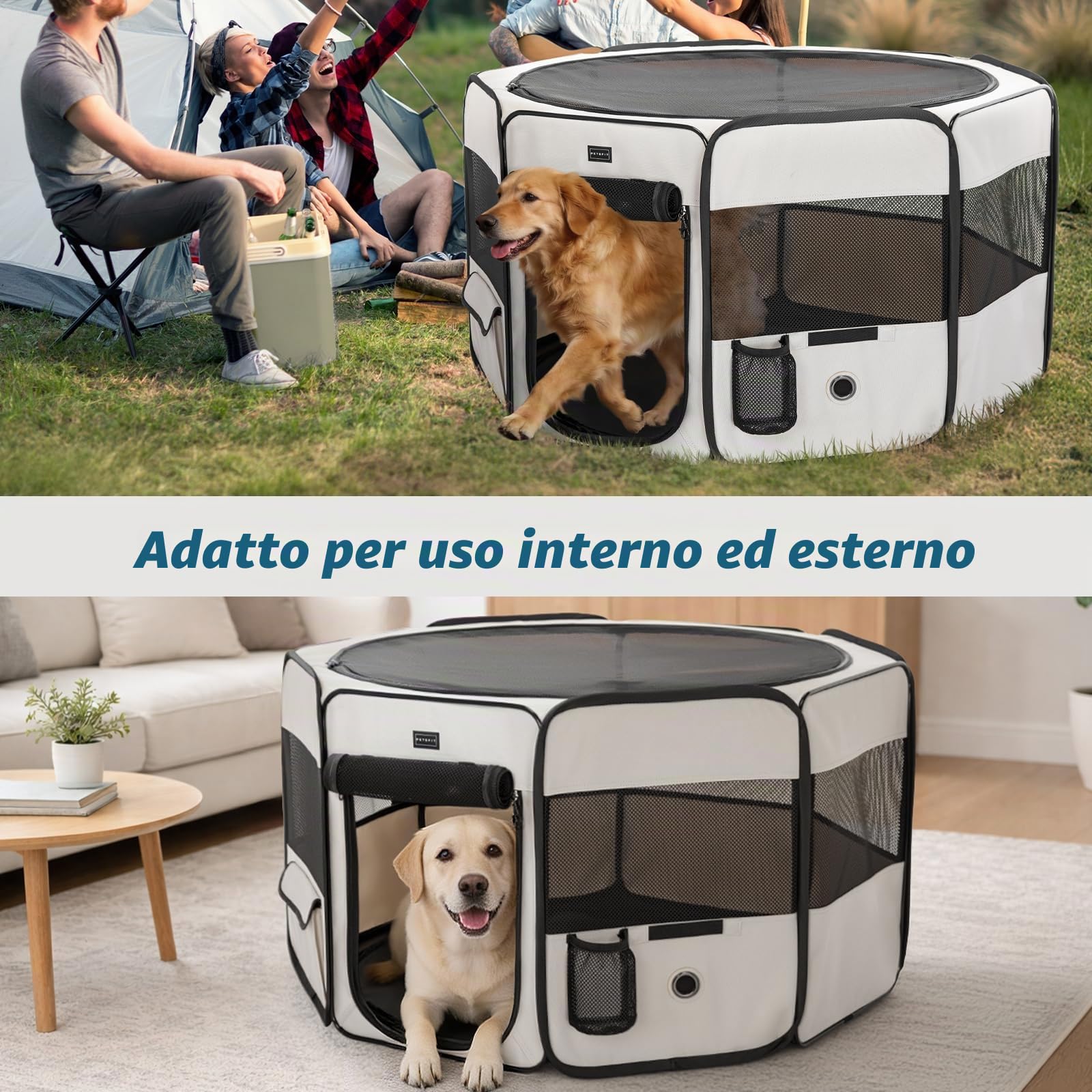 PETSFIT Recinto per Cani pieghevole, con Coperchio rimovibile, Cuccia per Animali con Pavimento impermeabile in Tessuto, Bianco, 116 * 106 * 70CM