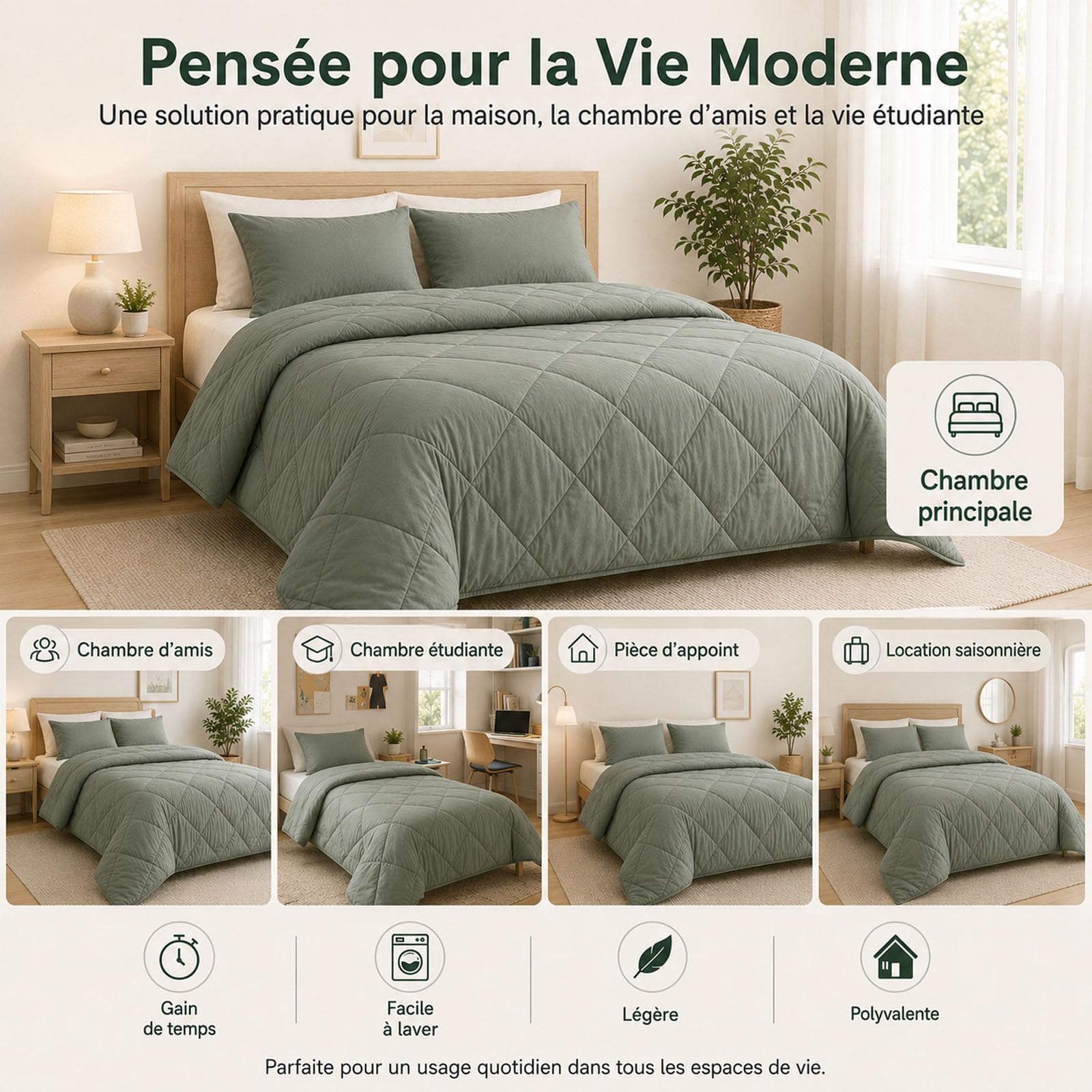 Couette Easy Sleep 2 en 1 sans Housse with 2 Pillowcases，Gris：140 x 200 cm