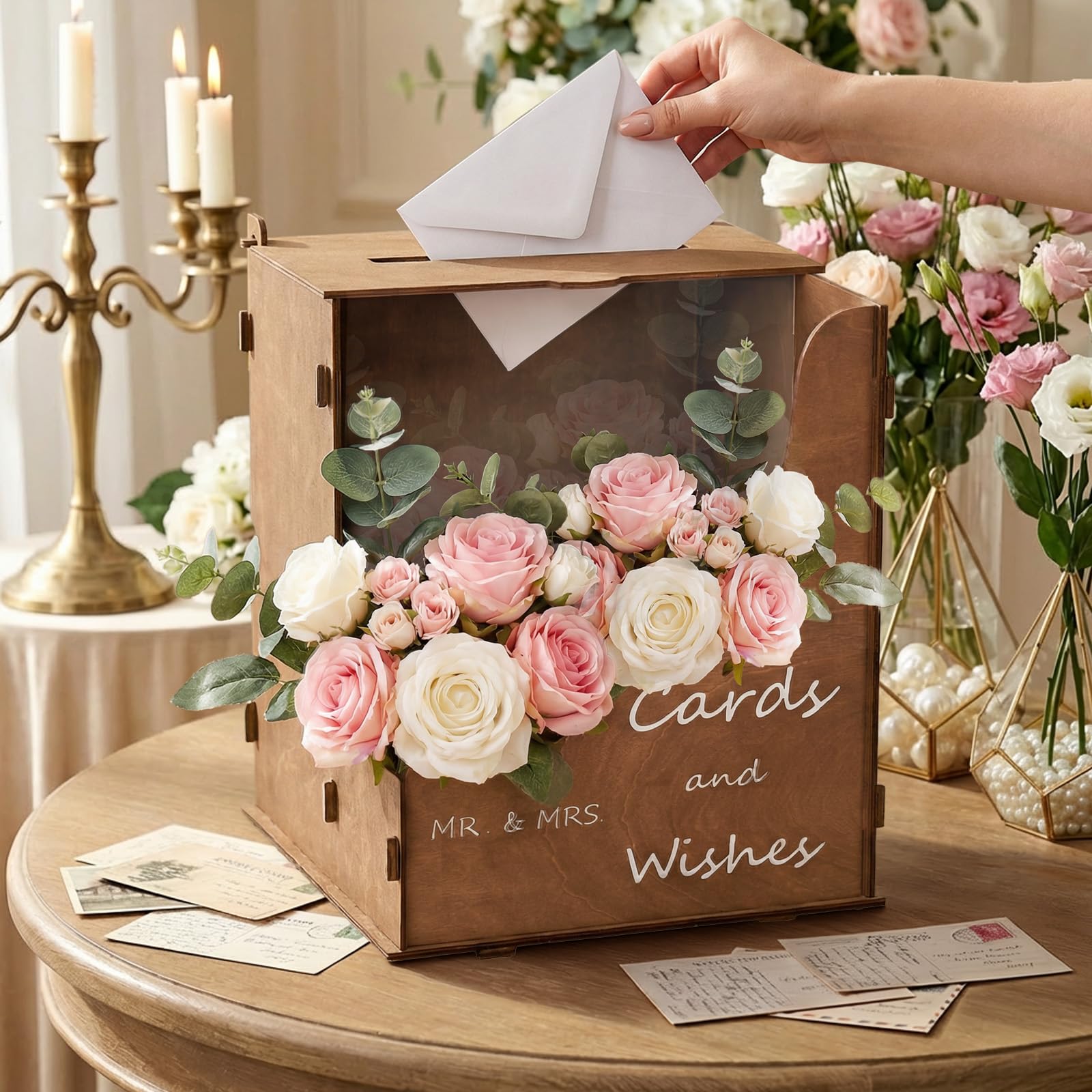Fayavoo Rustic Wooden Wedding Card Box with Mirror Flower Holder, Brown Wedding Card Holder with Slot, Cards and Wishes Box for Mr & Mrs, Wedding Reception Decorations UK — image 1