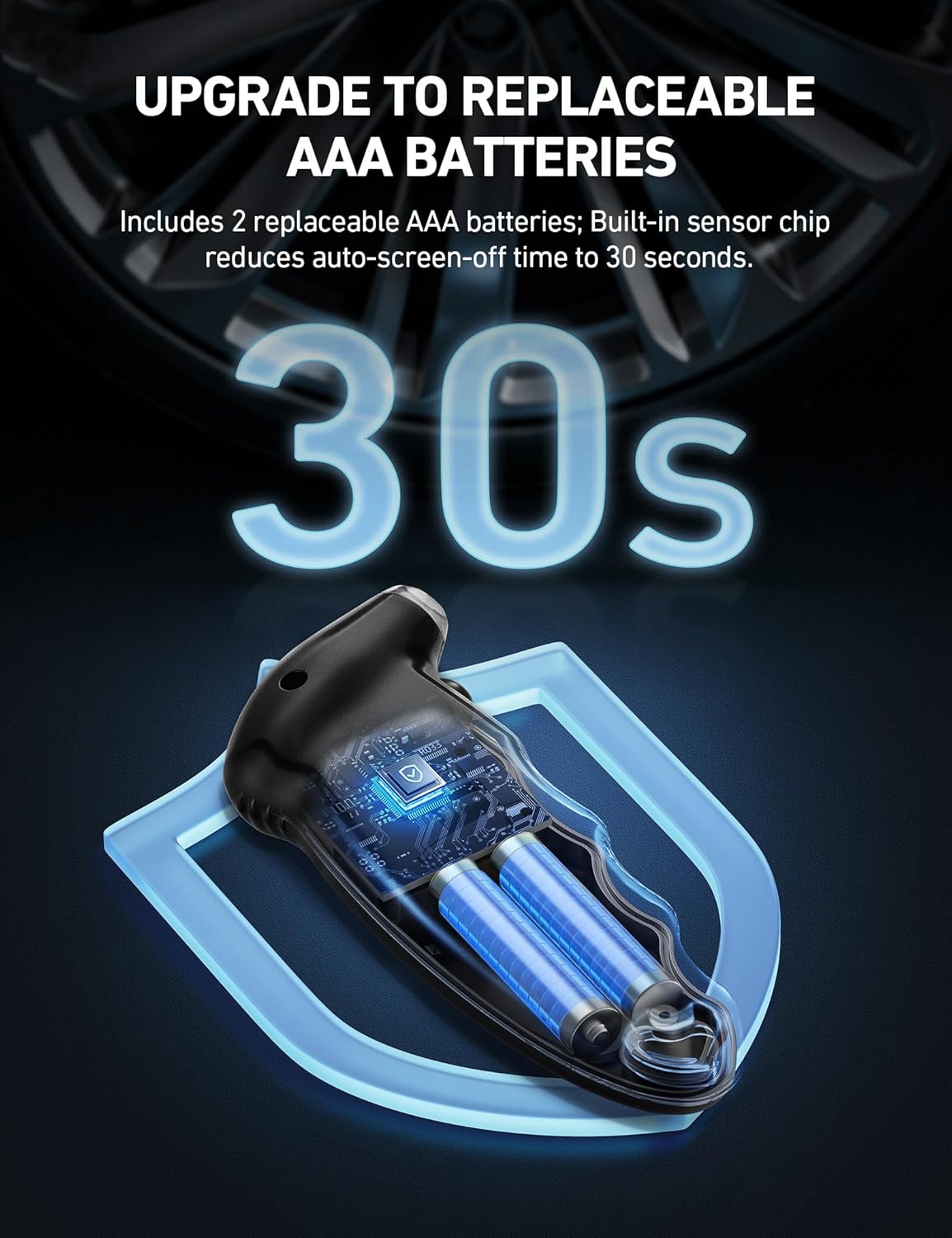 Diagram showing the internal placement of two AAA batteries within the AstroAI Digital Tire Pressure Gauge