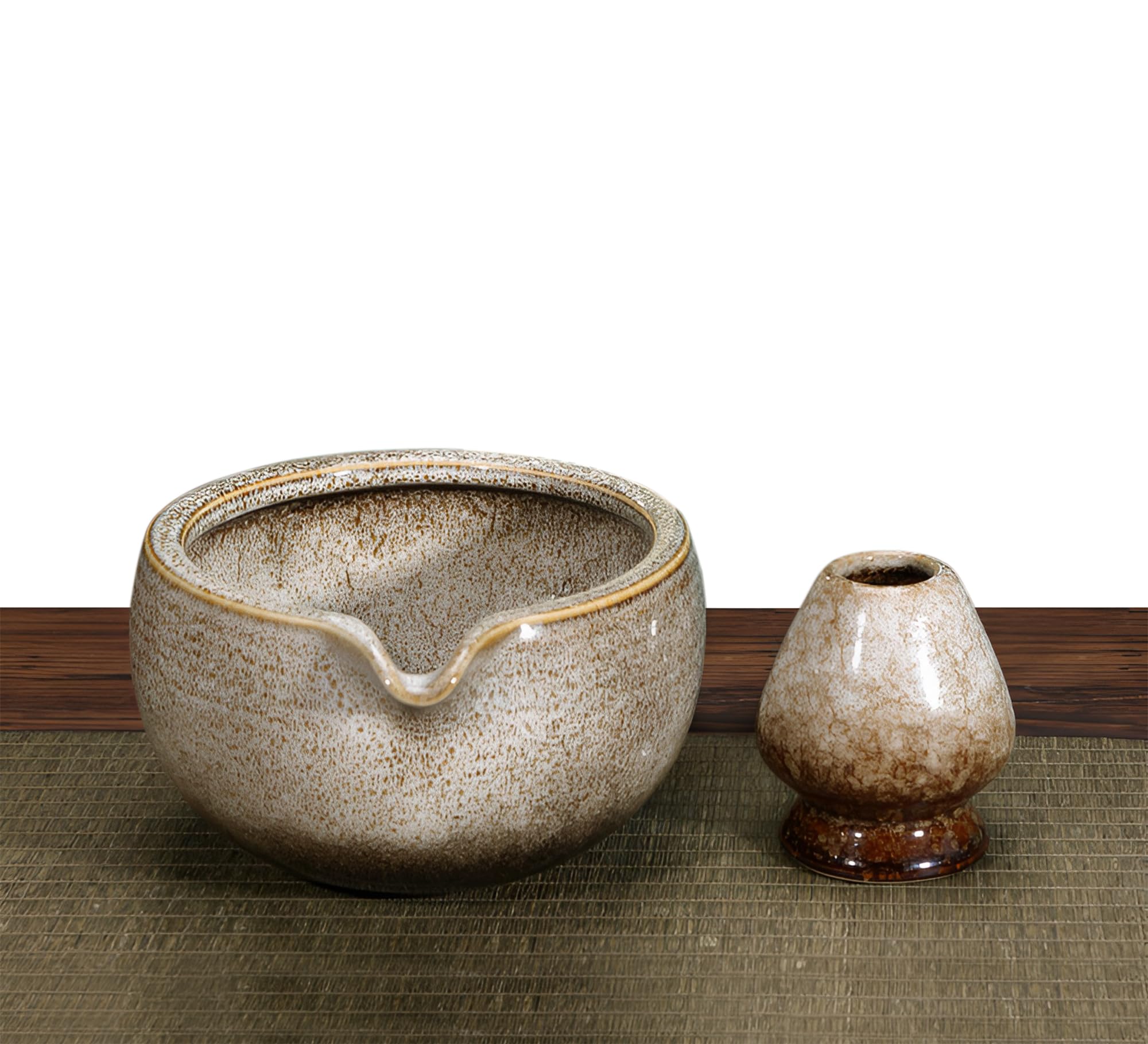 LamChyar Ceramic Matcha Bowl and Whisk Holder Set, Matcha Bowl with Spout, Match Whisk Holder, Exquisite Matcha Set for Tea Ceremony