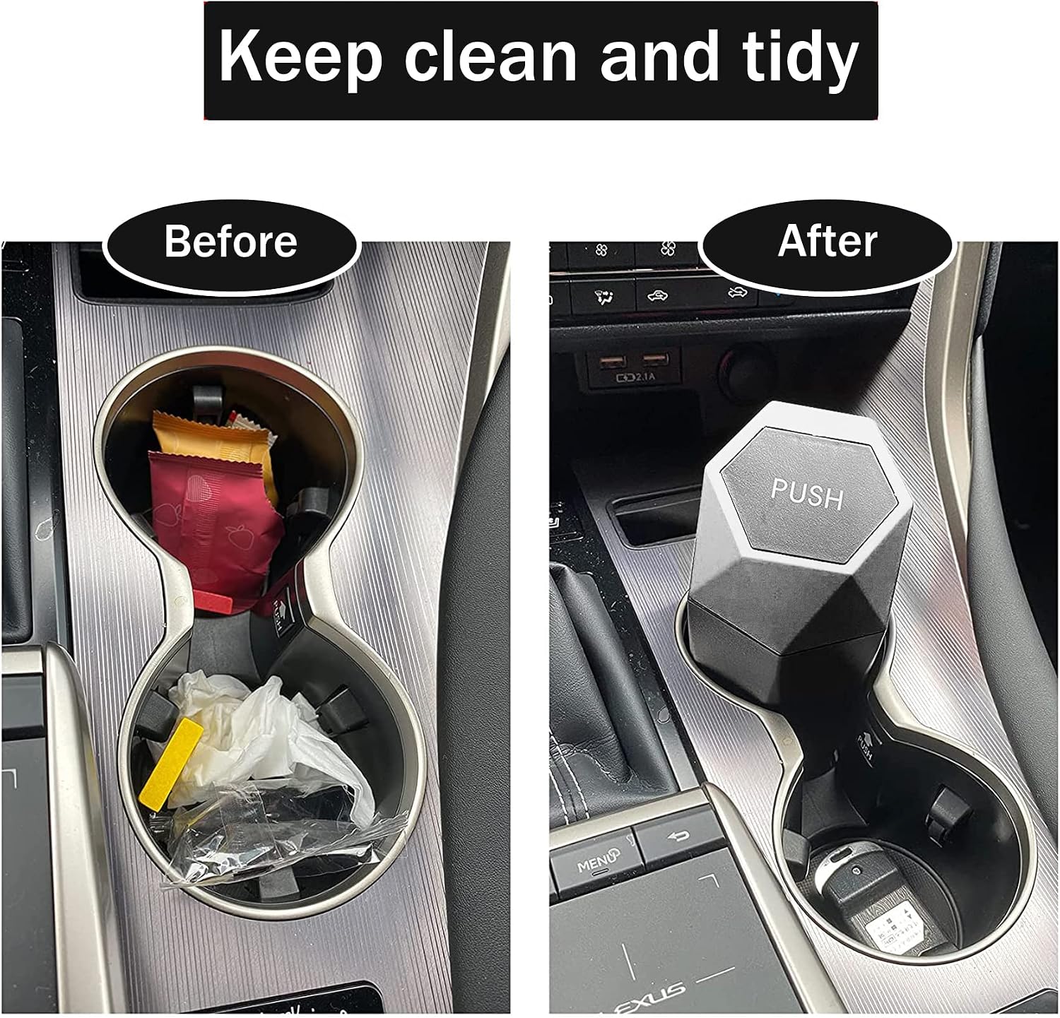 JUSTTOP Car Trash Can with Lid, Diamond Design Small Automatic Portable Trash Can, Easy to Clean, Used in Car Home Office Interior Accessories, 2PCS(Silver)