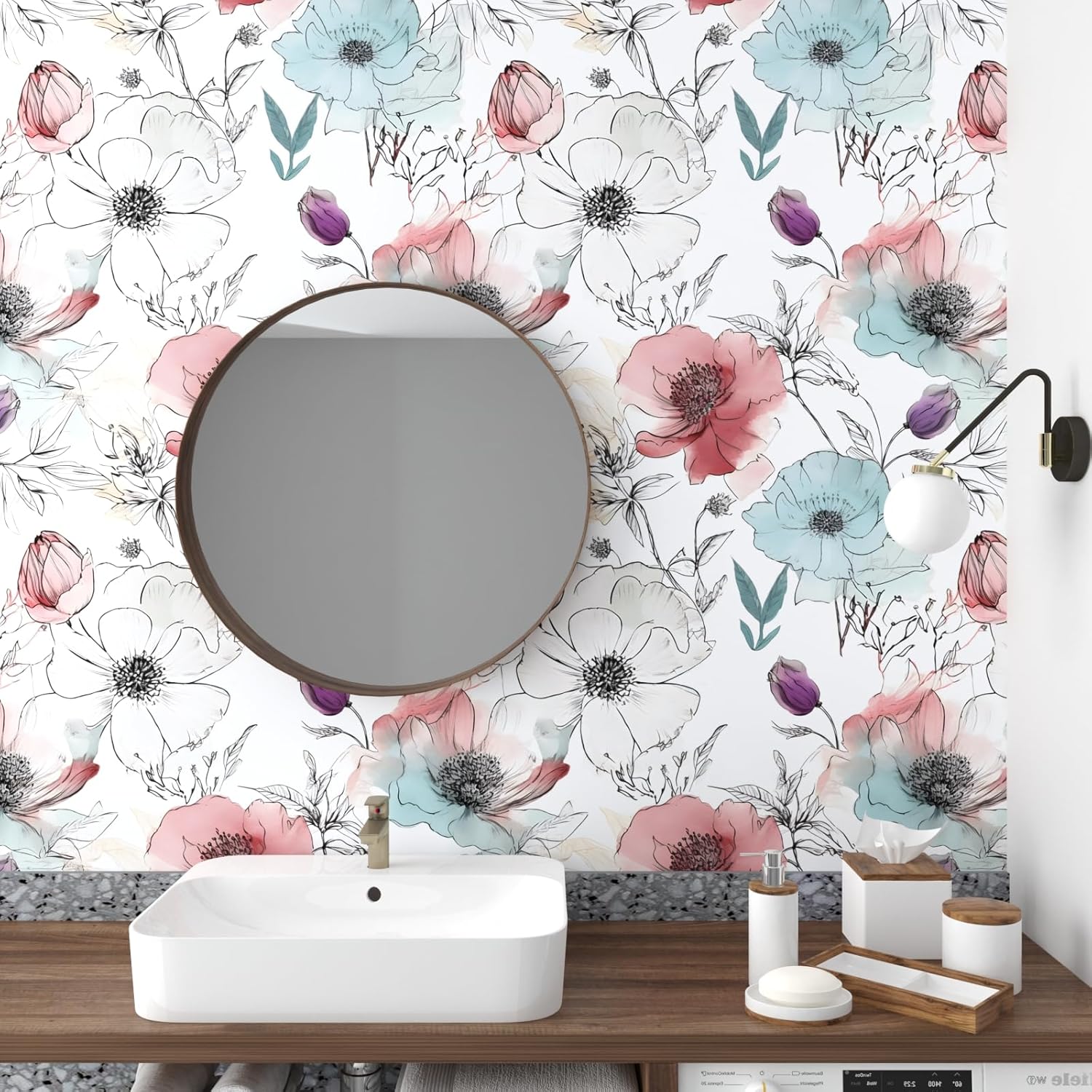 Floral Peel and Stick Wallpaper, Watercolor Flowers Contact Paper 17.5" x 393.7",Large Blooming Flower Botanical Wall Paper Self Adhesive Removable for Shelves Cabinet Table Decor- White,Blue,Pink