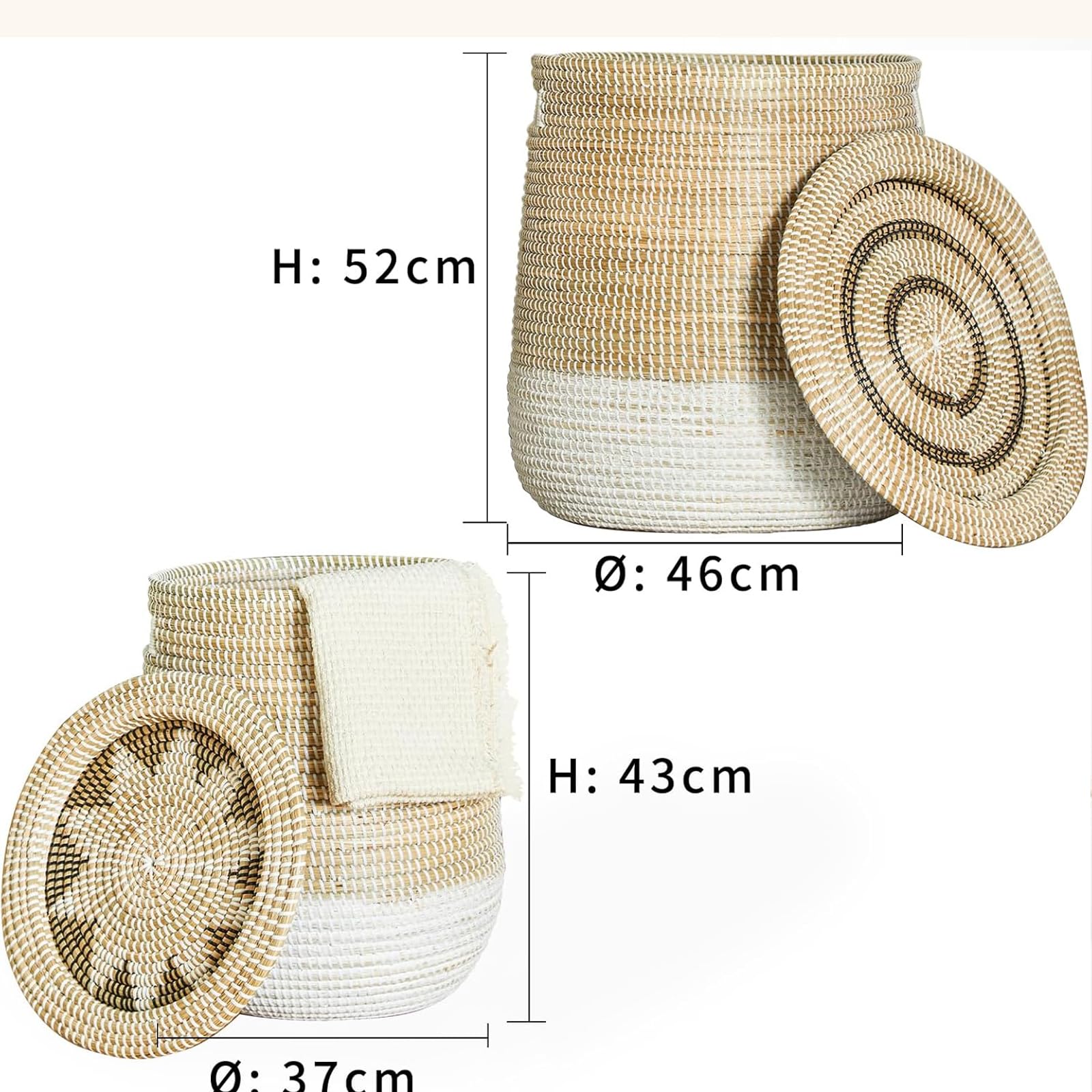 Runder Wäschekorb aus Seegras mit Deckel, 2-teiliges Set – Umweltfreundlicher Aufbewahrungskorb für Kleidung, Spielzeug und mehr – Natürliches Flechtdesign für Zuhause, Schlafzimmer, Badezimmer