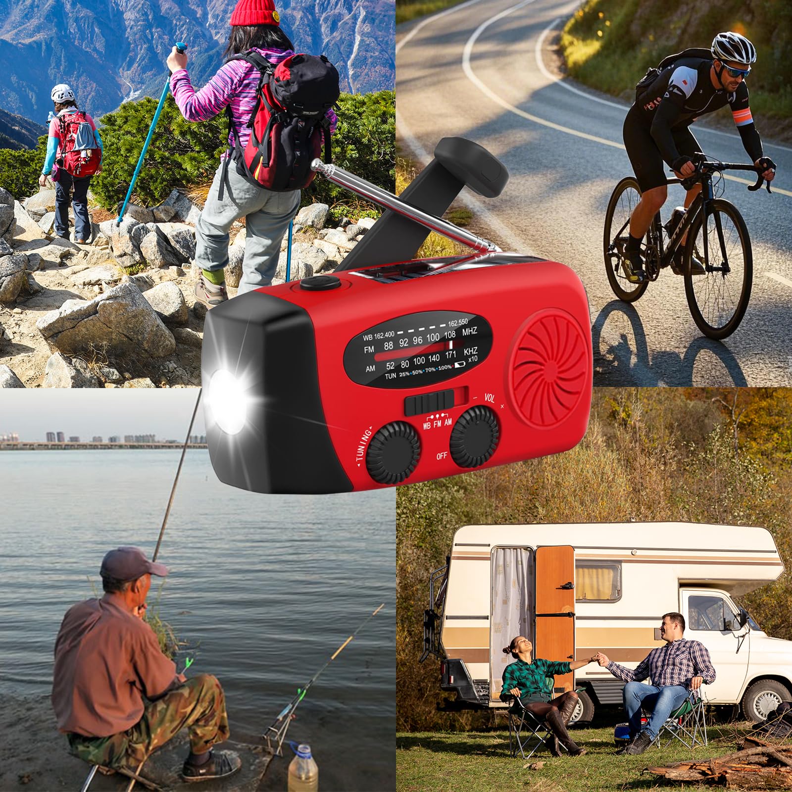 Radio météo urgence AM/FM/NOAA, manivelle solaire, chargeur de téléphone, lampe de poche 4 modes, alarme SOS, prise casque, pour urgence